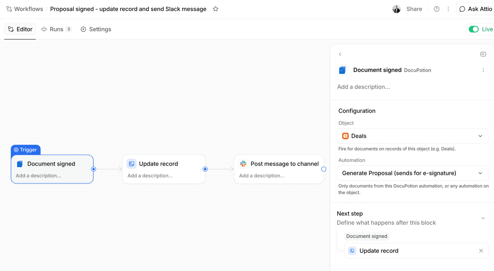 An Attio workflow triggered by Document signed that updates the record and posts a Slack message