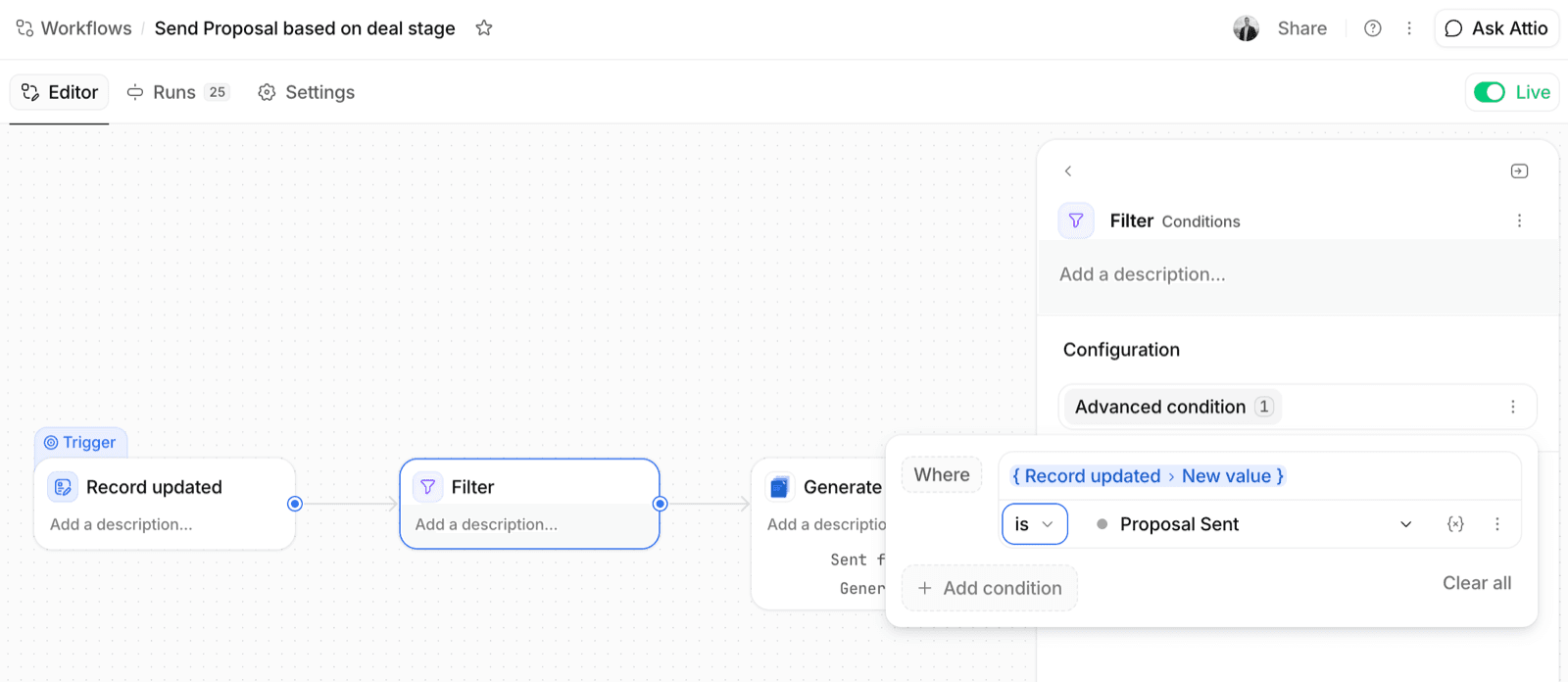 An Attio filter condition checking that the deal stage's new value is Proposal Sent