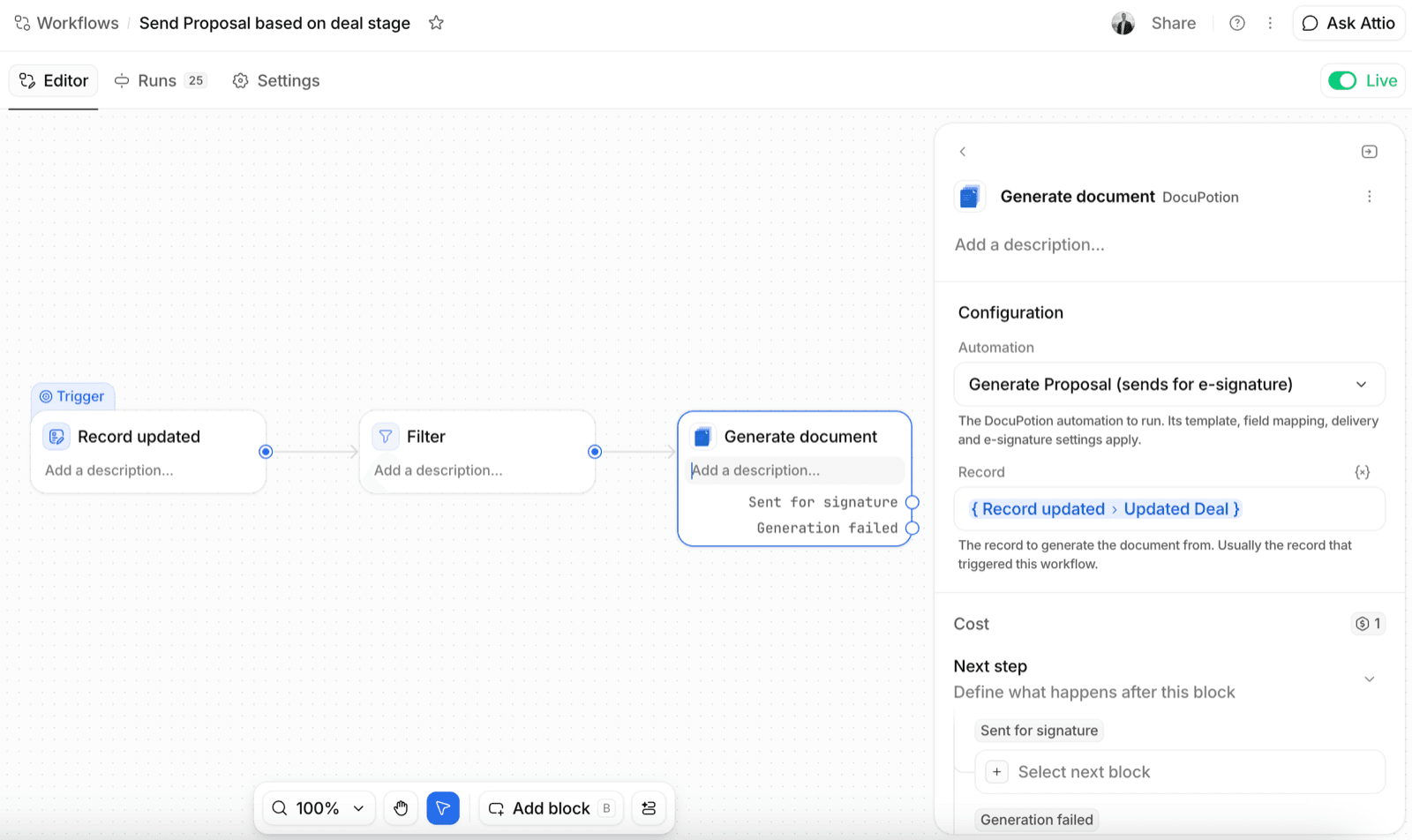 The DocuPotion Generate document step configured with a proposal automation and the triggering deal