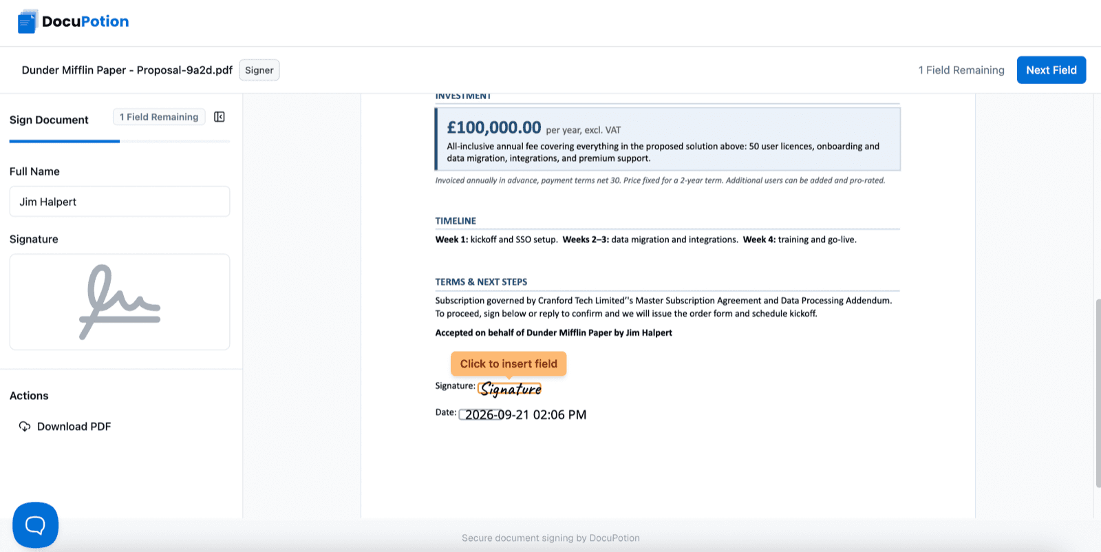 A generated sales proposal open on the DocuPotion signing page, ready to be signed