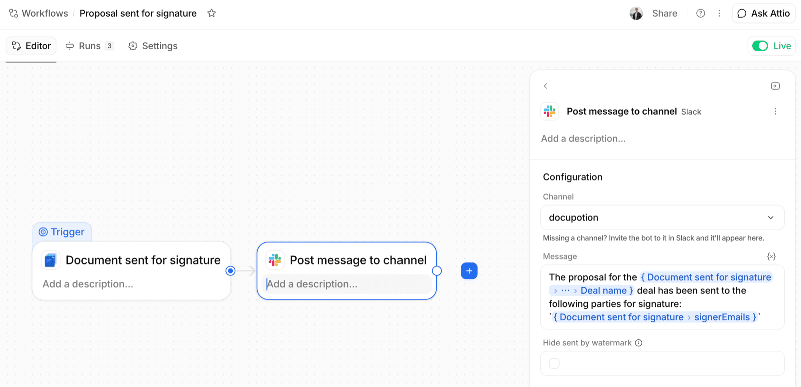 An Attio workflow triggered by Document sent for signature that posts a message to a Slack channel