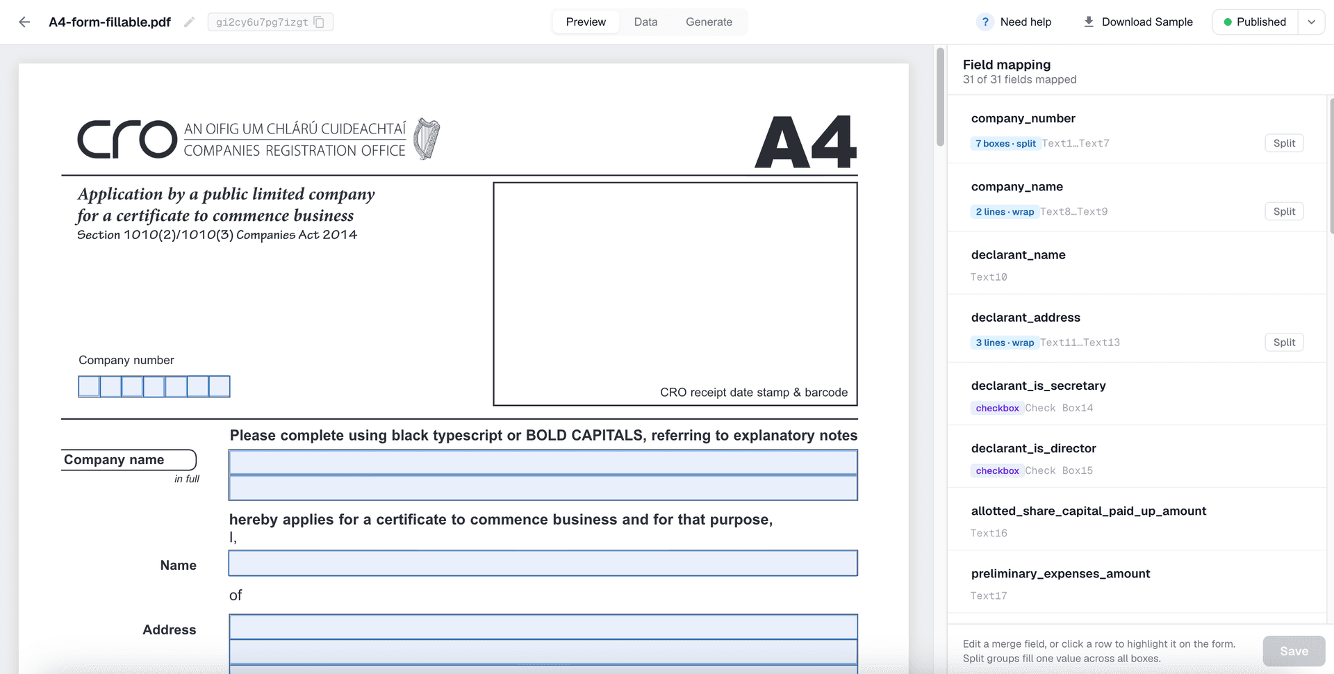 The template editor showing form fields detected from the fillable PDF and mapped to merge fields