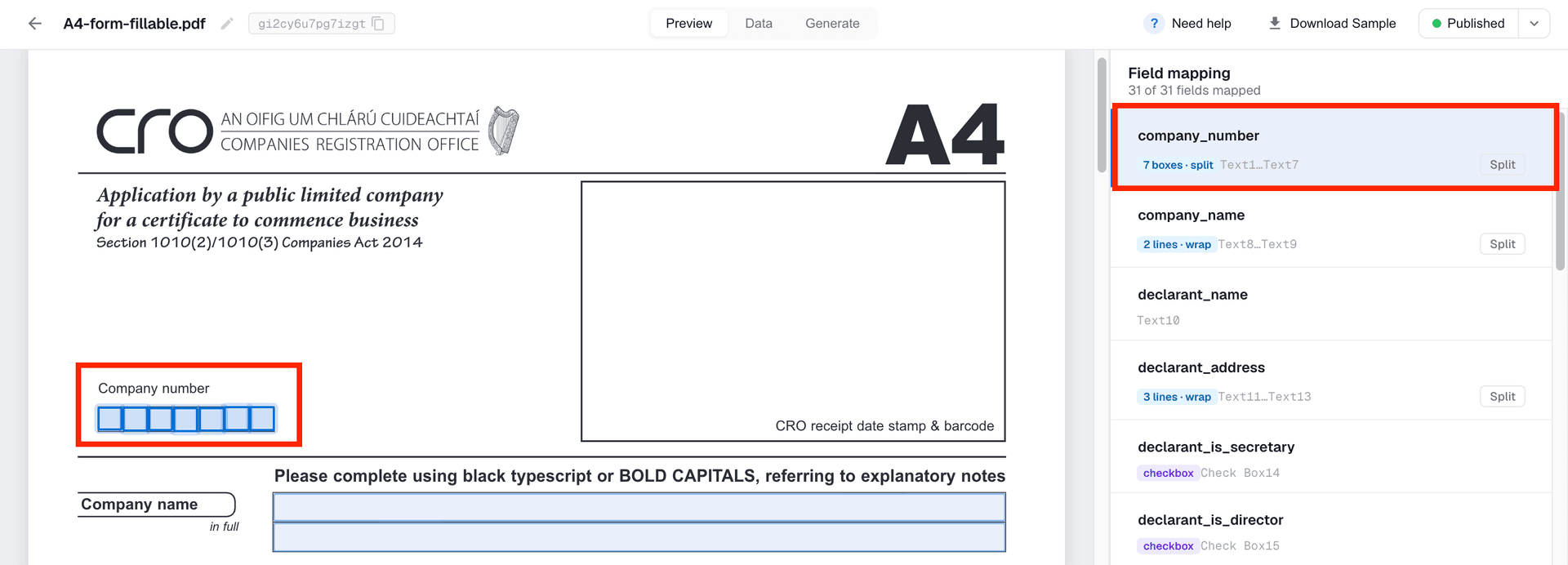 Character boxes grouped together as a single merge field value rather than split into separate fields