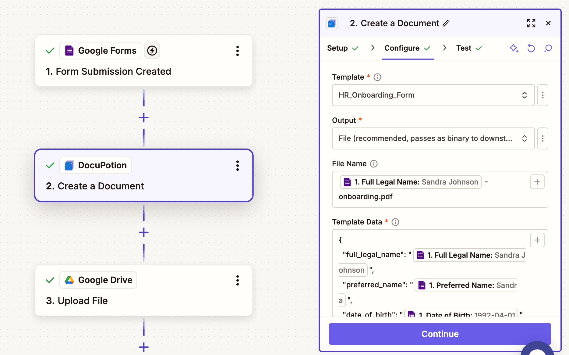 The Create a Document action in Zapier showing the Template, Output, File Name, and Template Data fields