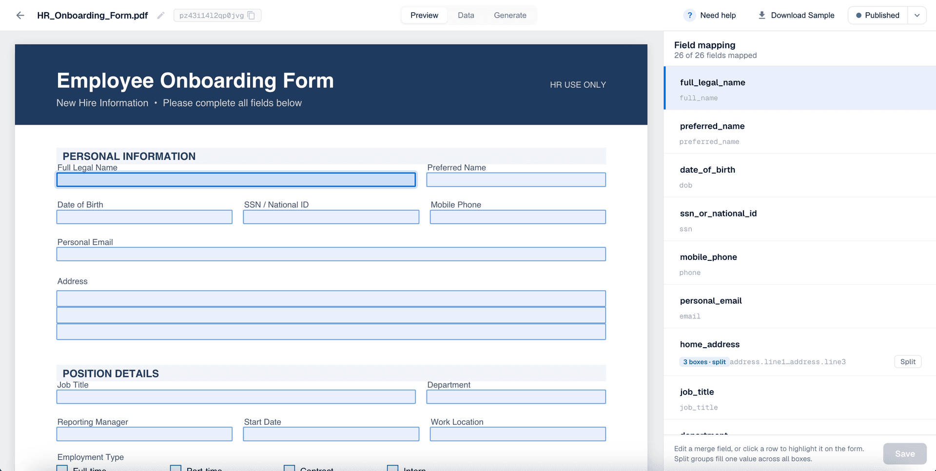 The DocuPotion template editor showing fields detected from the fillable PDF and mapped to merge fields