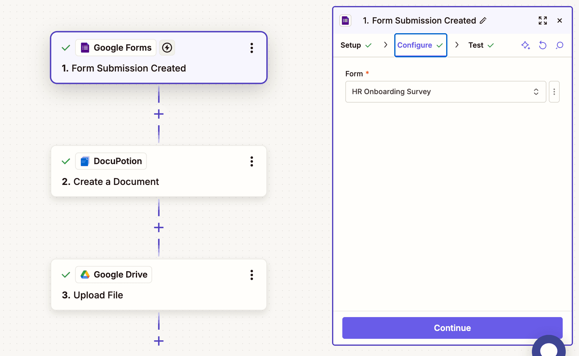 Configuring a Google Forms trigger in a Zapier Zap