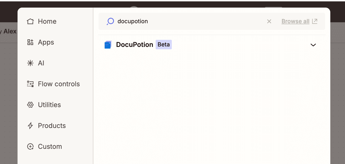 Searching for and adding the DocuPotion app in Zapier