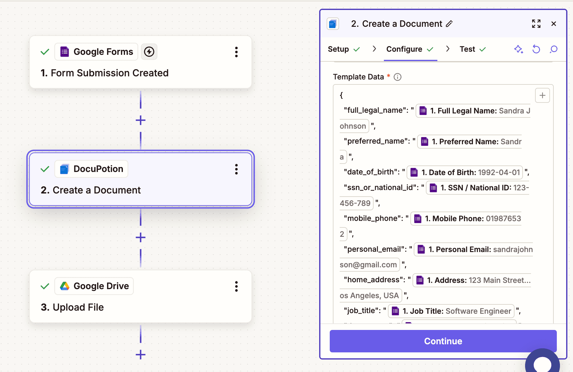 Replacing static values in the Template Data JSON with fields from the trigger step in Zapier