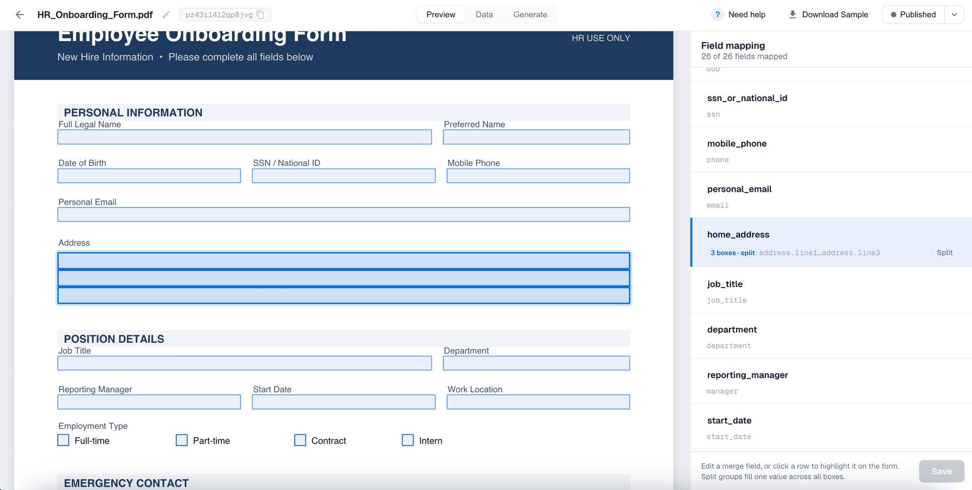 A multi-line address field highlighted across three lines in the DocuPotion template editor