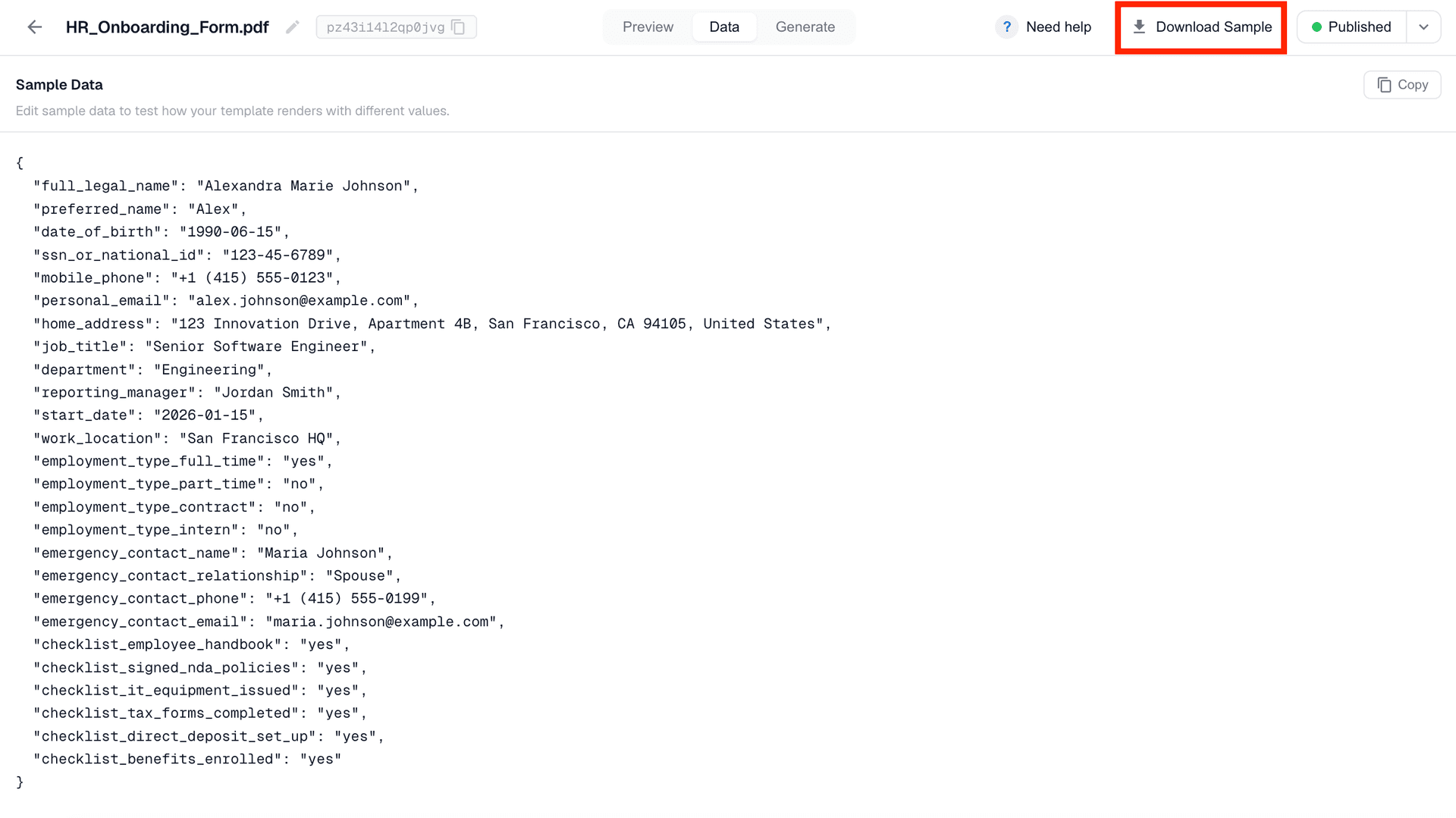 Editing sample values in the Data tab and downloading a sample filled PDF in DocuPotion