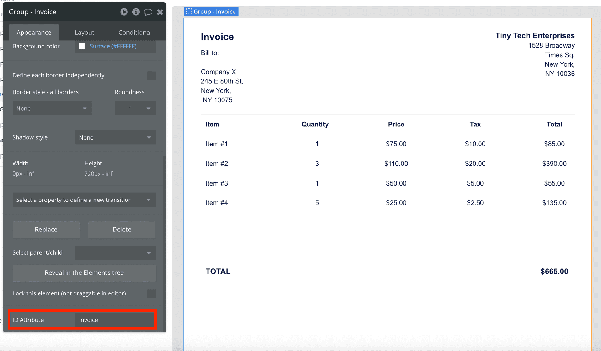 Adding an ID attribute to an invoice
