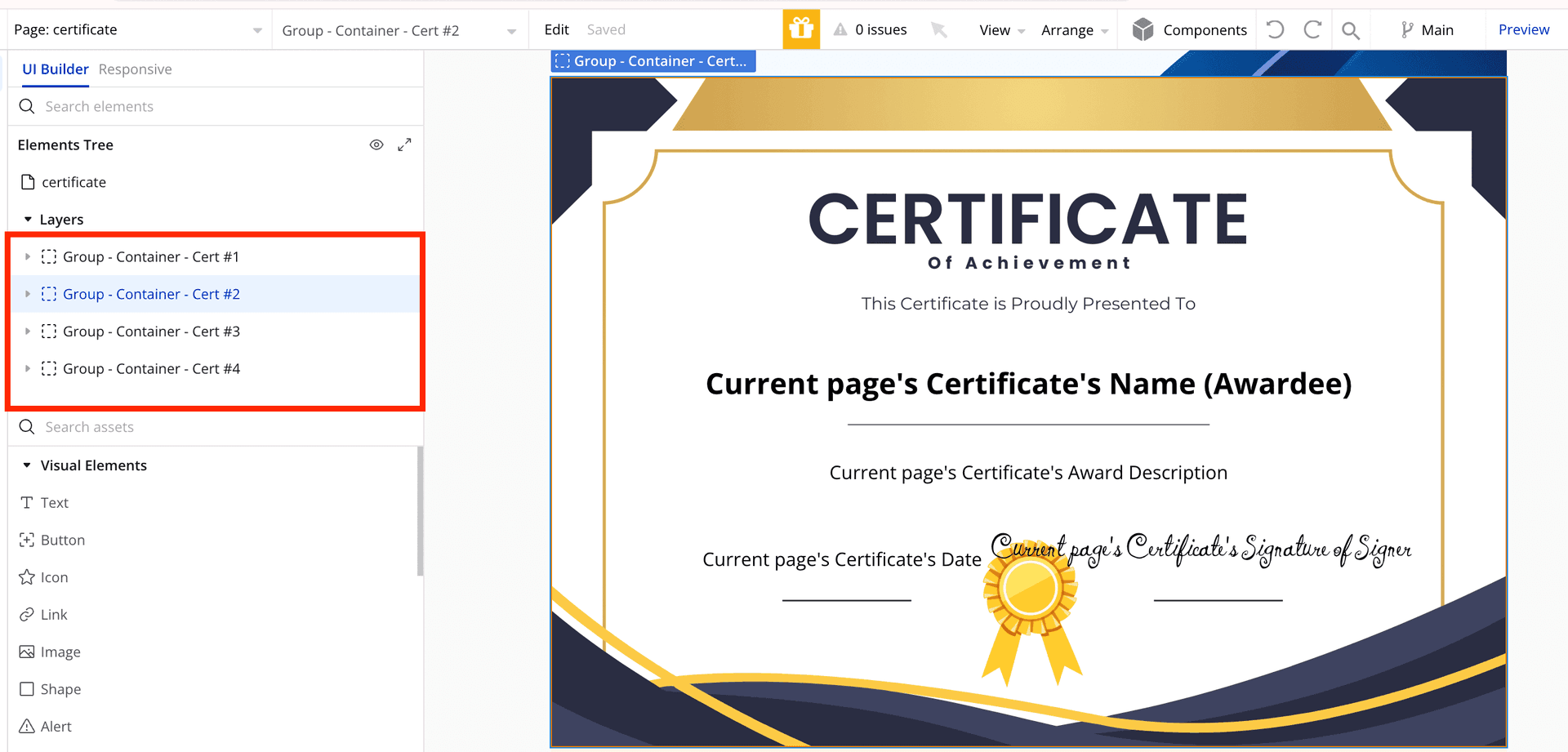 Certificate page with 4 template options
