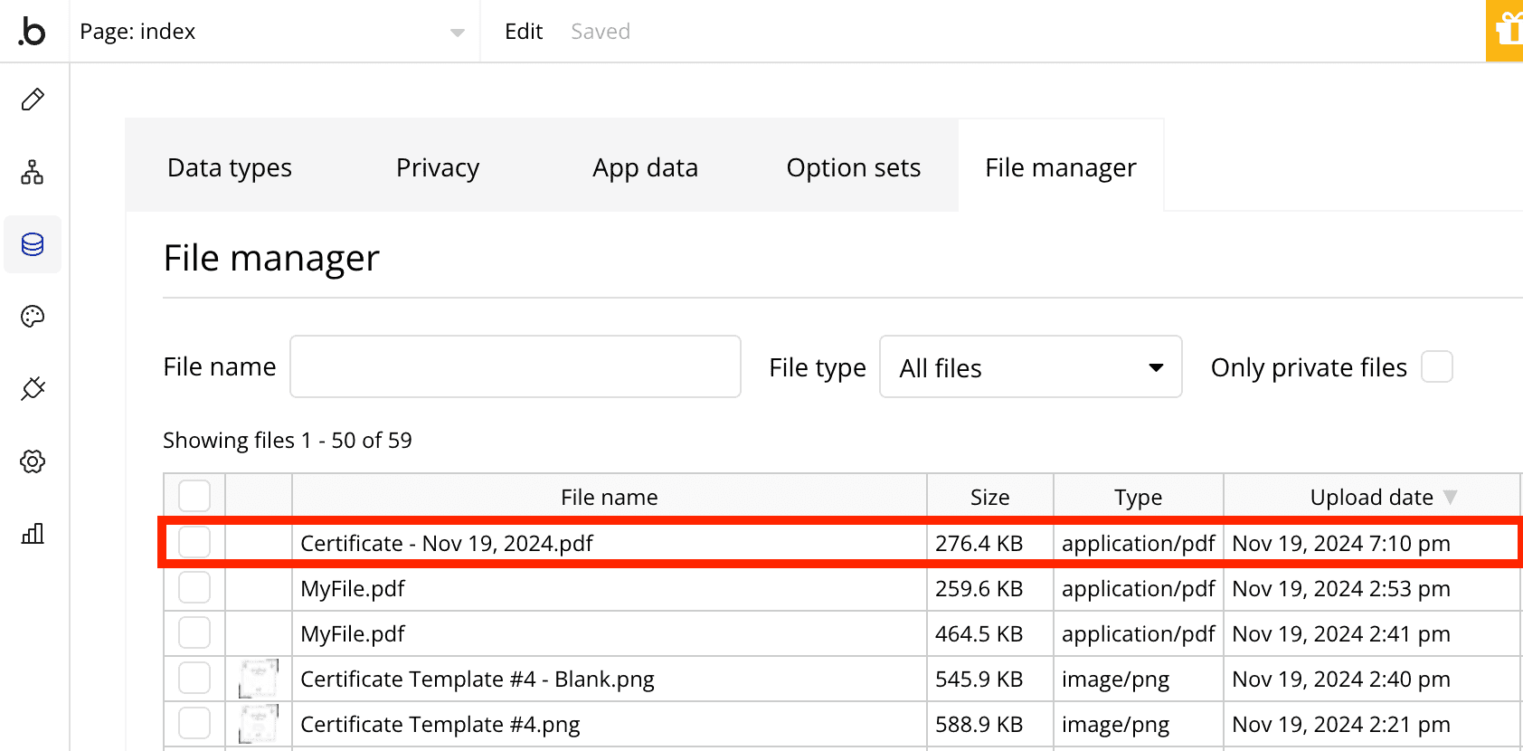 Certificate PDF in Bubble file manager