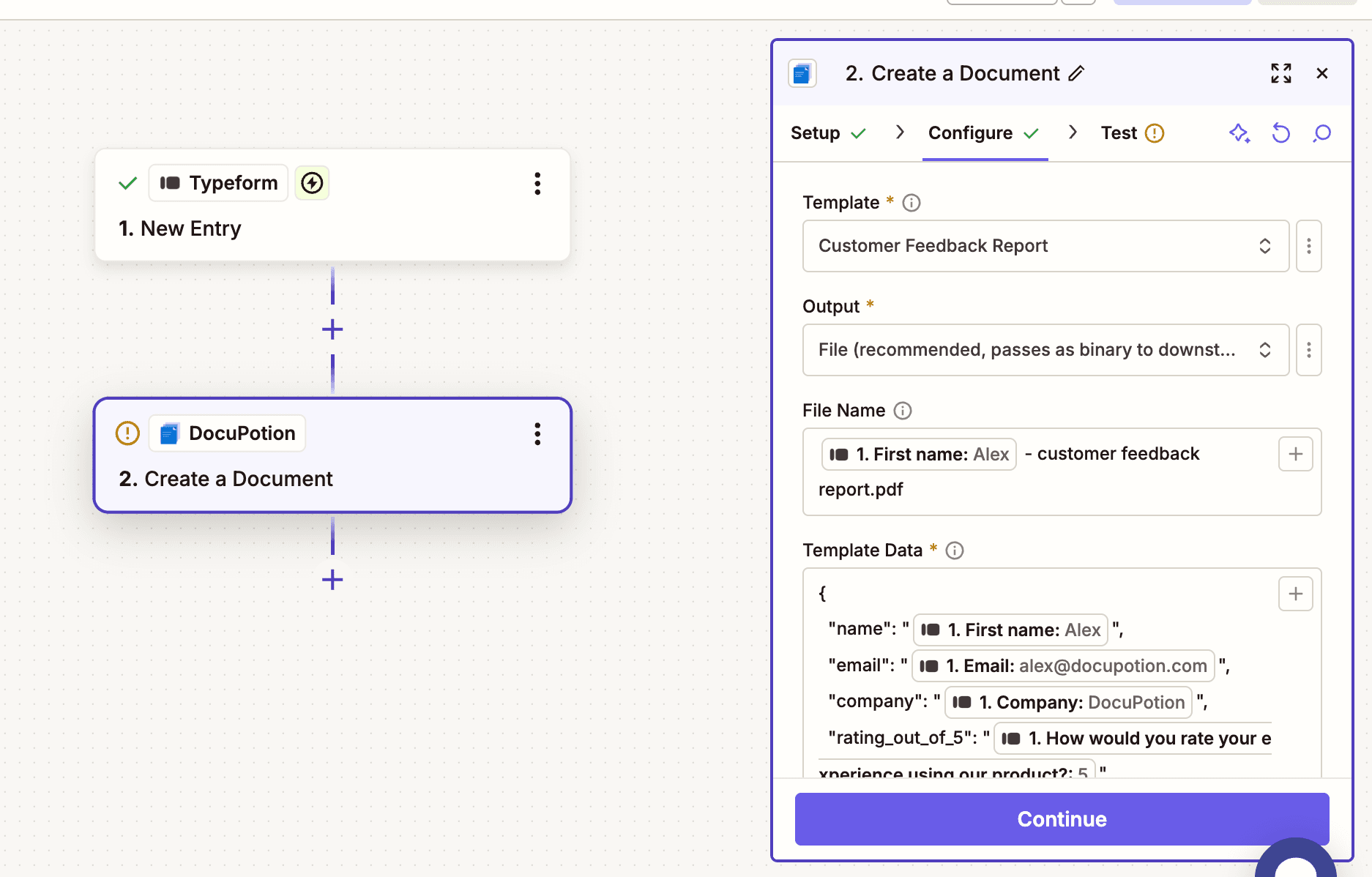 The Create a Document action in Zapier showing the Template, Output, File Name, and Template Data fields