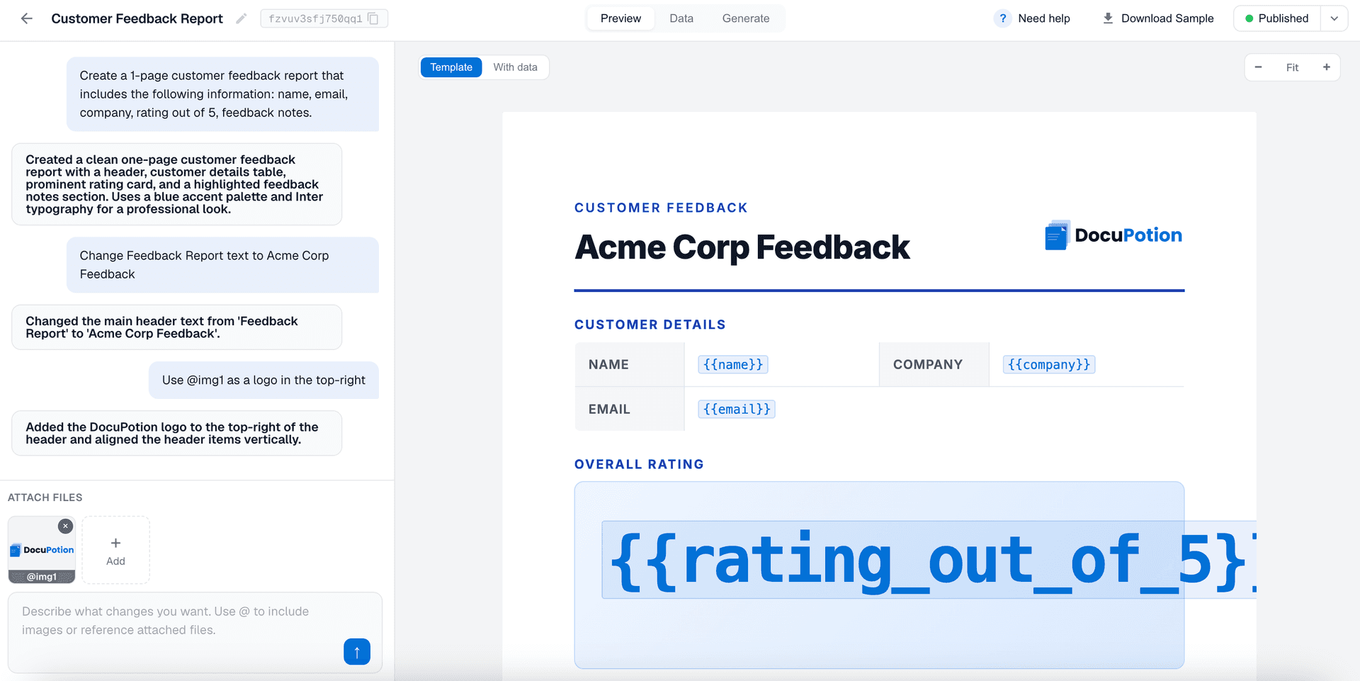 The generated customer feedback report template in DocuPotion