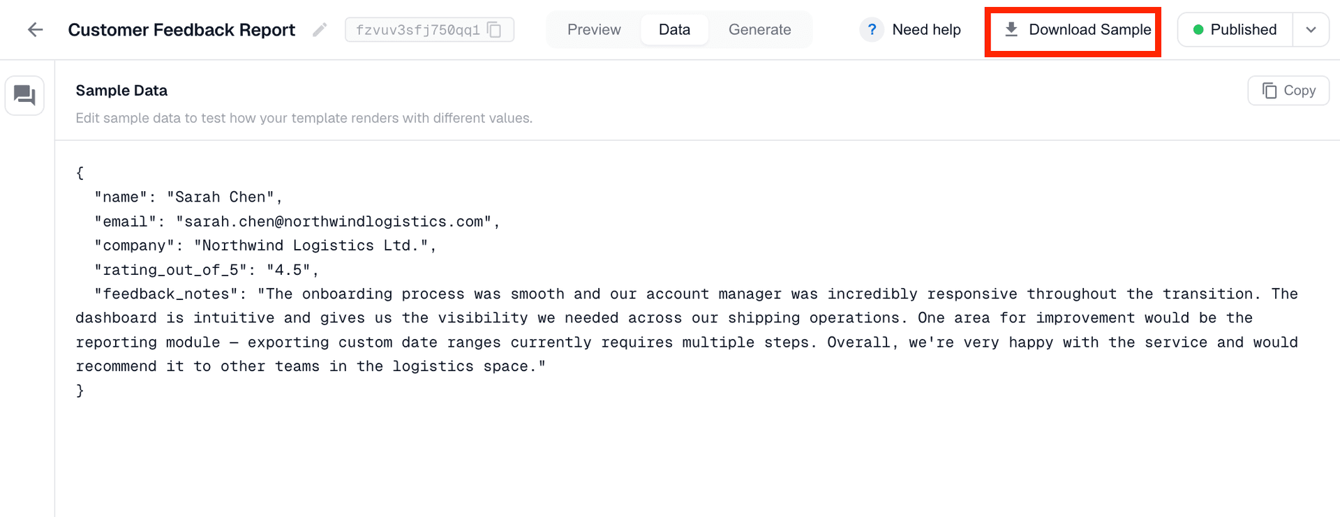The data tab and download sample button