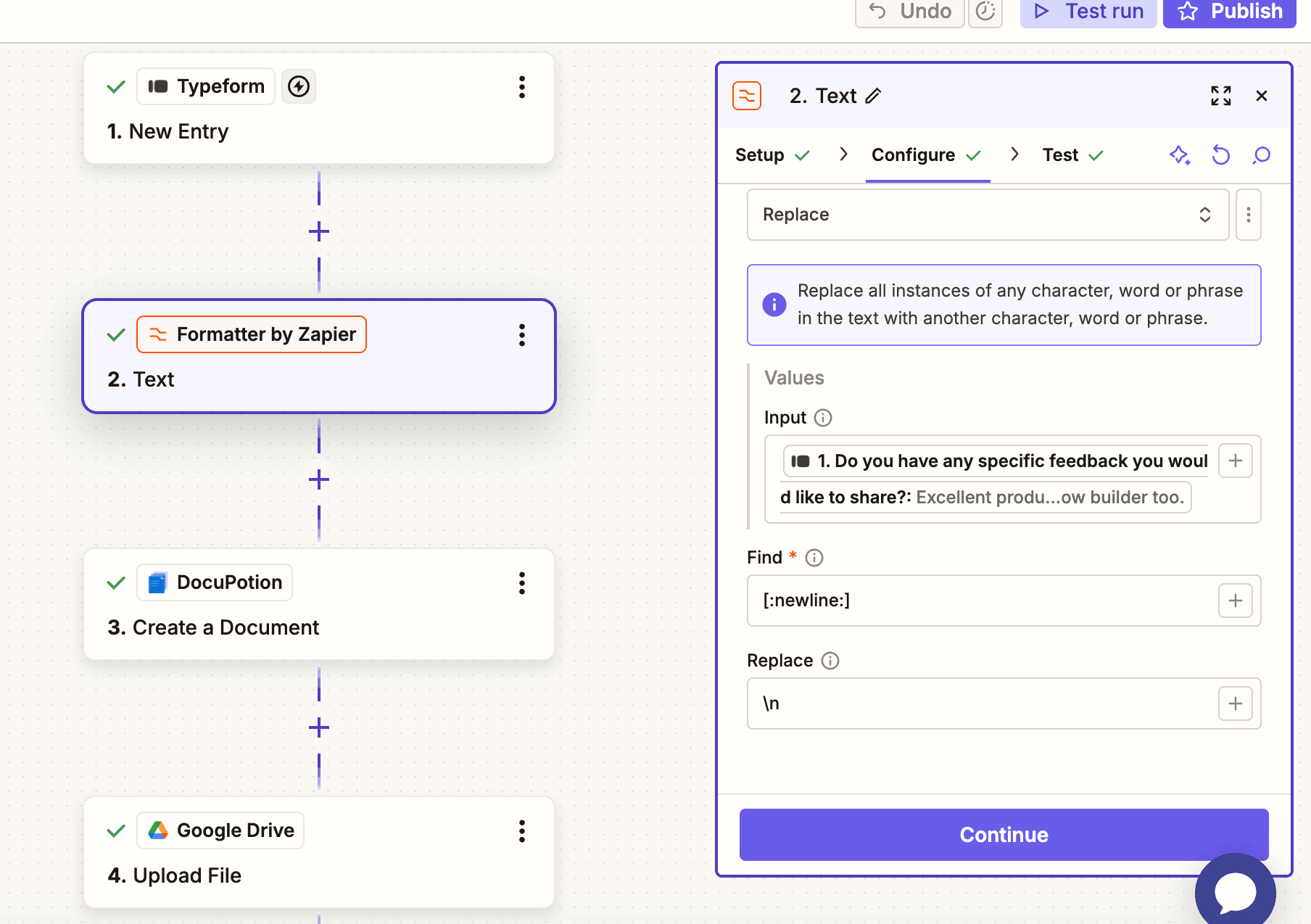 Using a Zapier Formatter Replace step to convert a line break into an escaped newline before the DocuPotion step