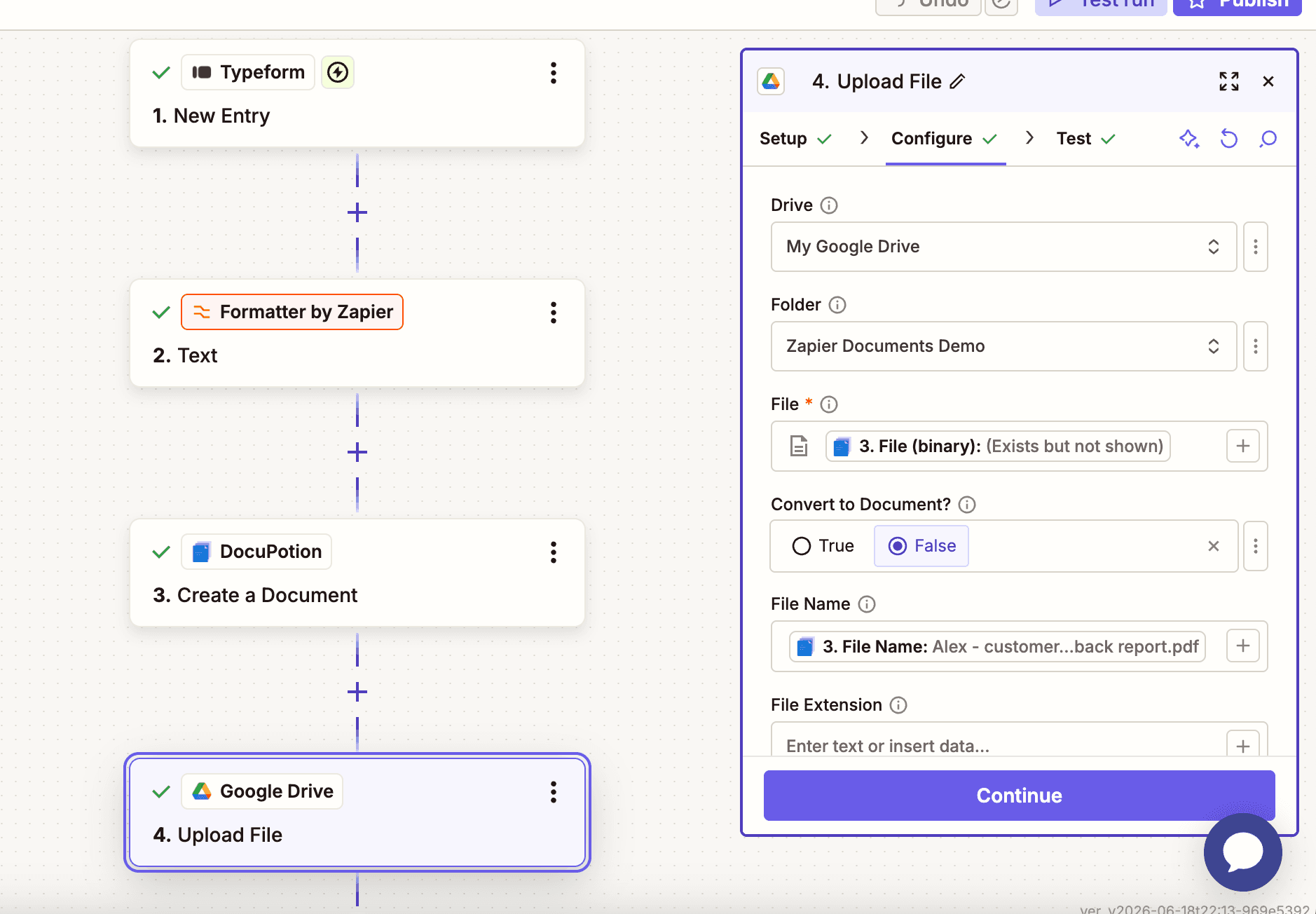 Uploading the generated PDF to Google Drive in the final step of the Zap