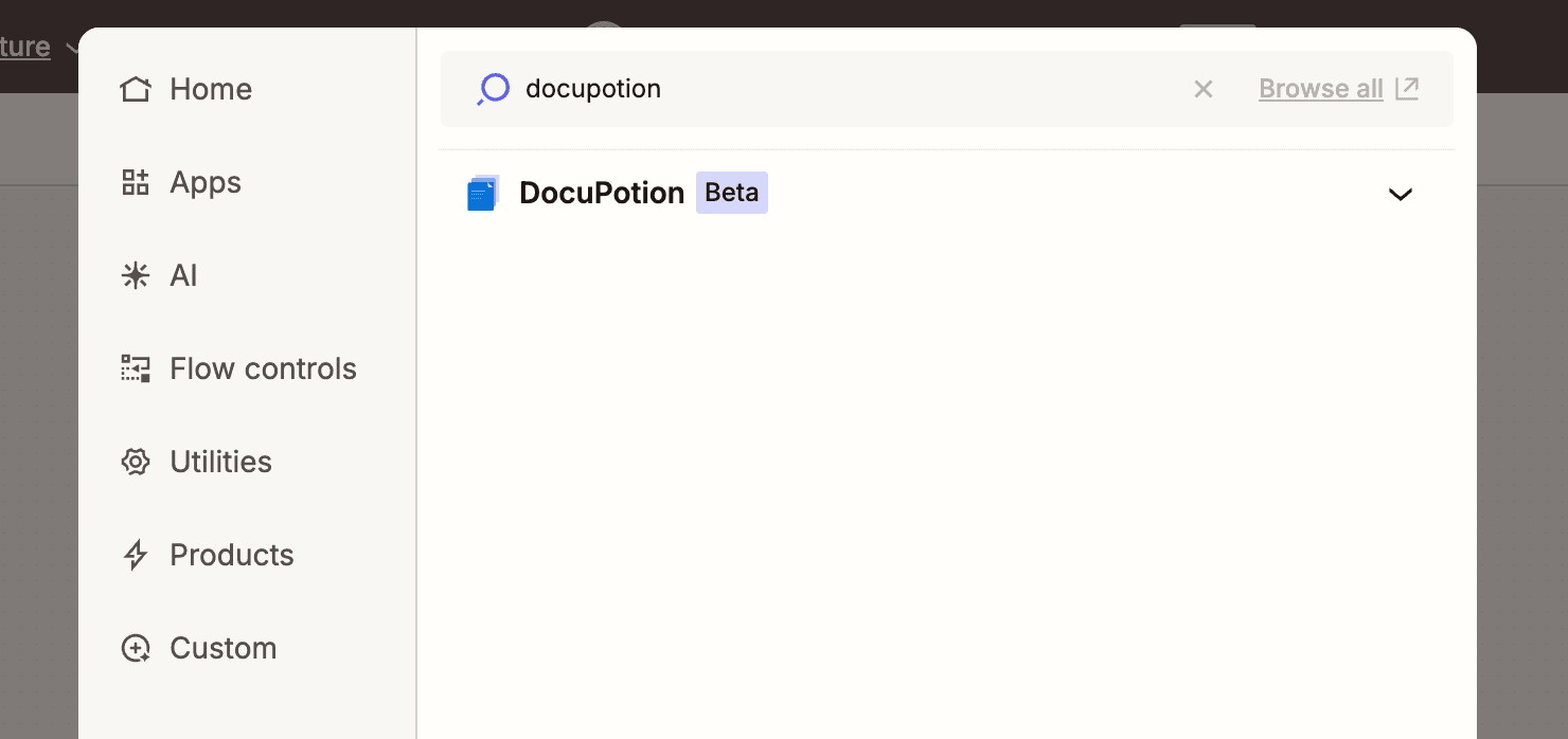 Searching for and adding the DocuPotion app in Zapier