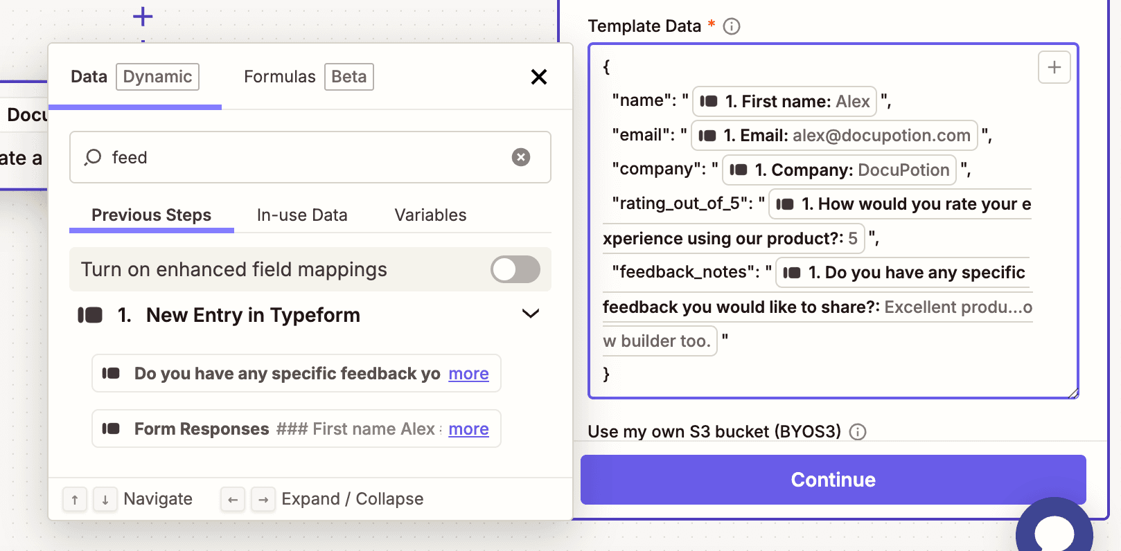 Replacing static values in the Template Data JSON with answers from the Typeform submission in Zapier
