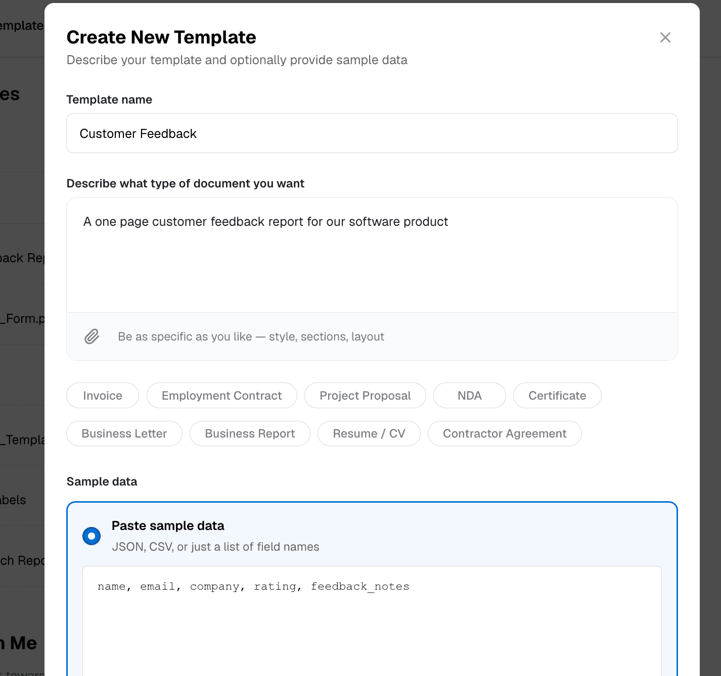 Creating a new customer feedback report template in DocuPotion from a written brief