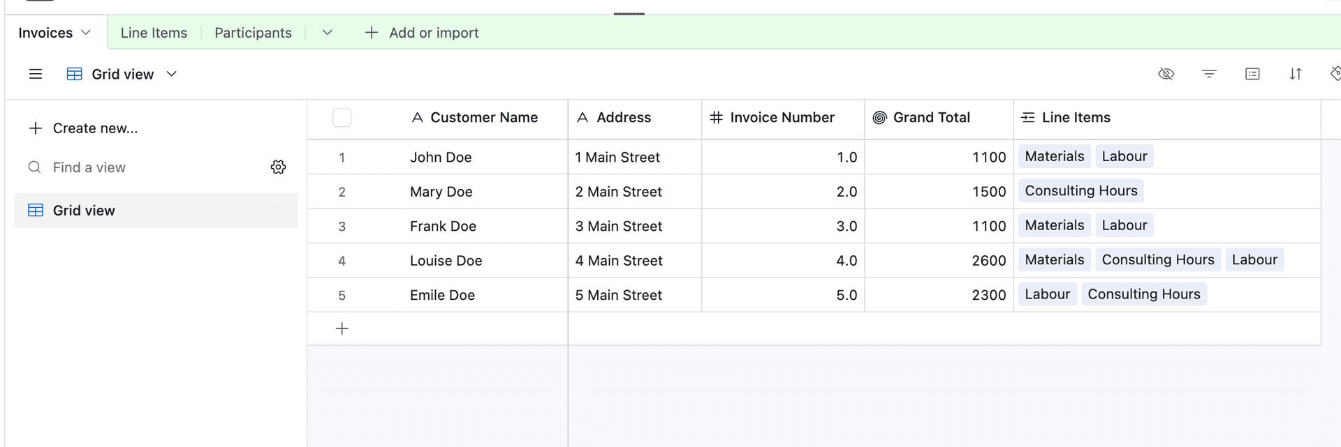 Airtable database structure for invoices