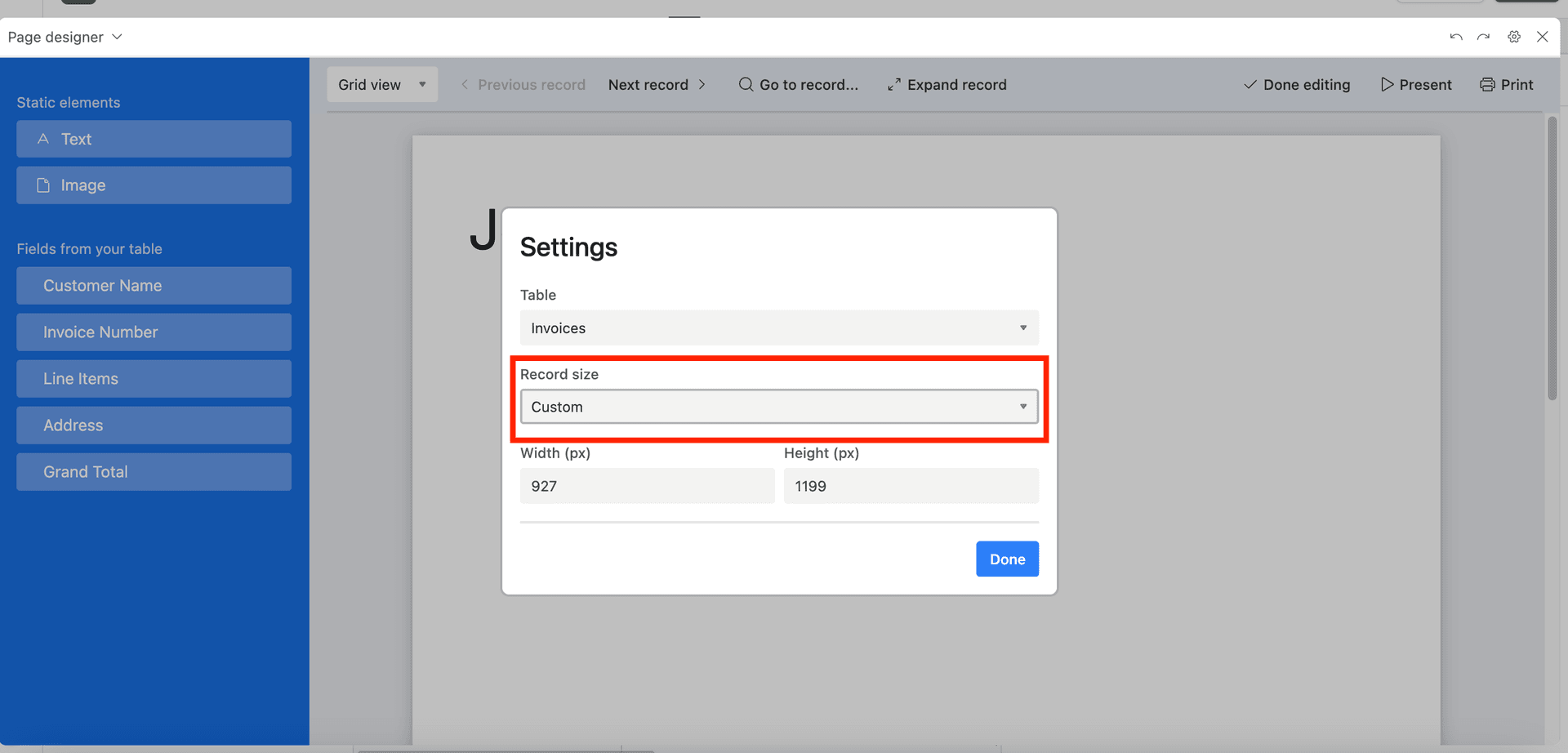Custom record size option