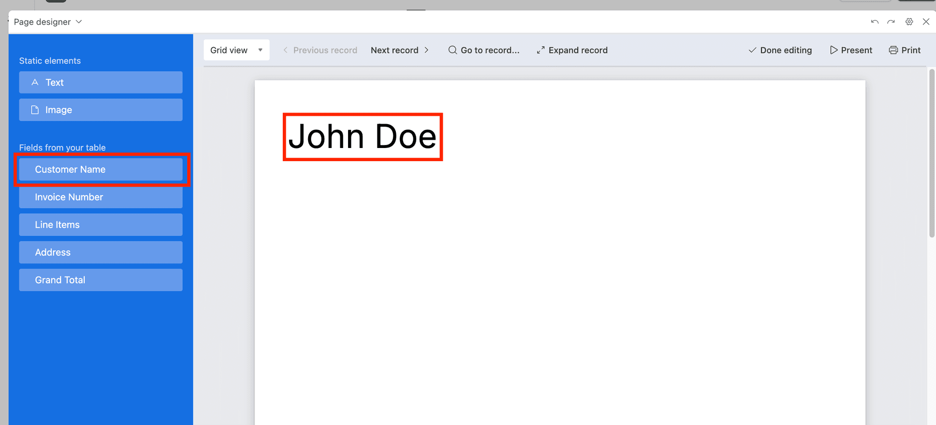 Default Page Designer canvas