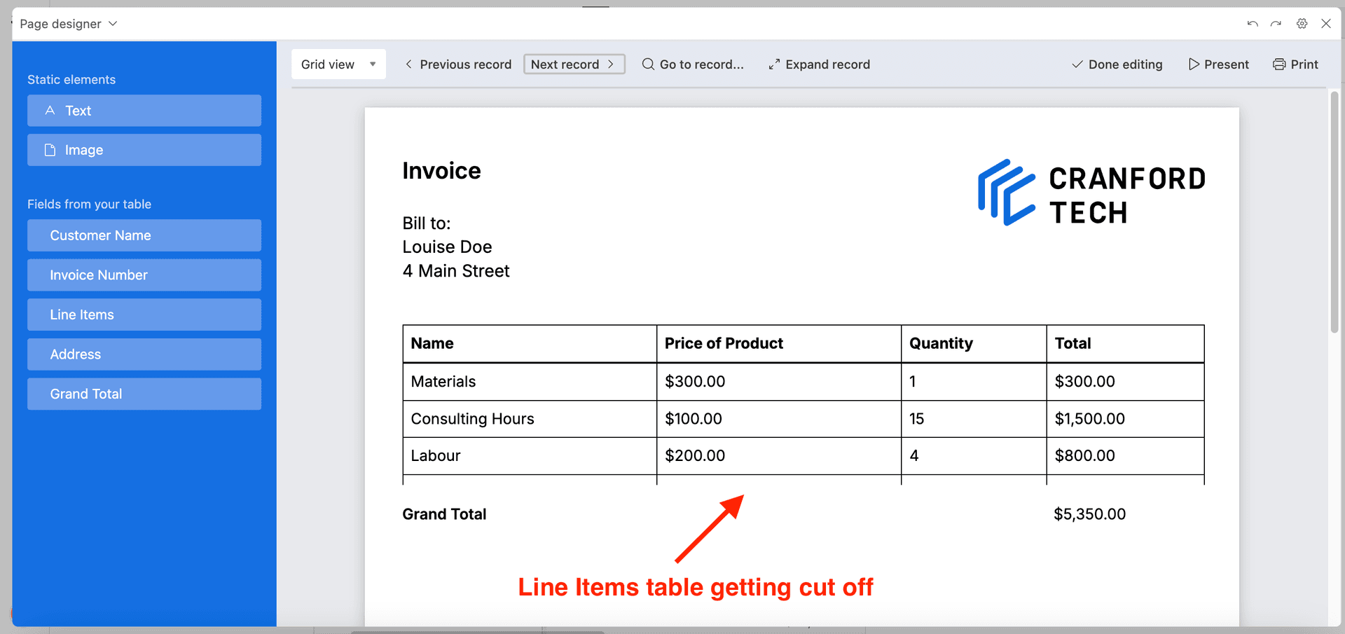 Line items table cut off