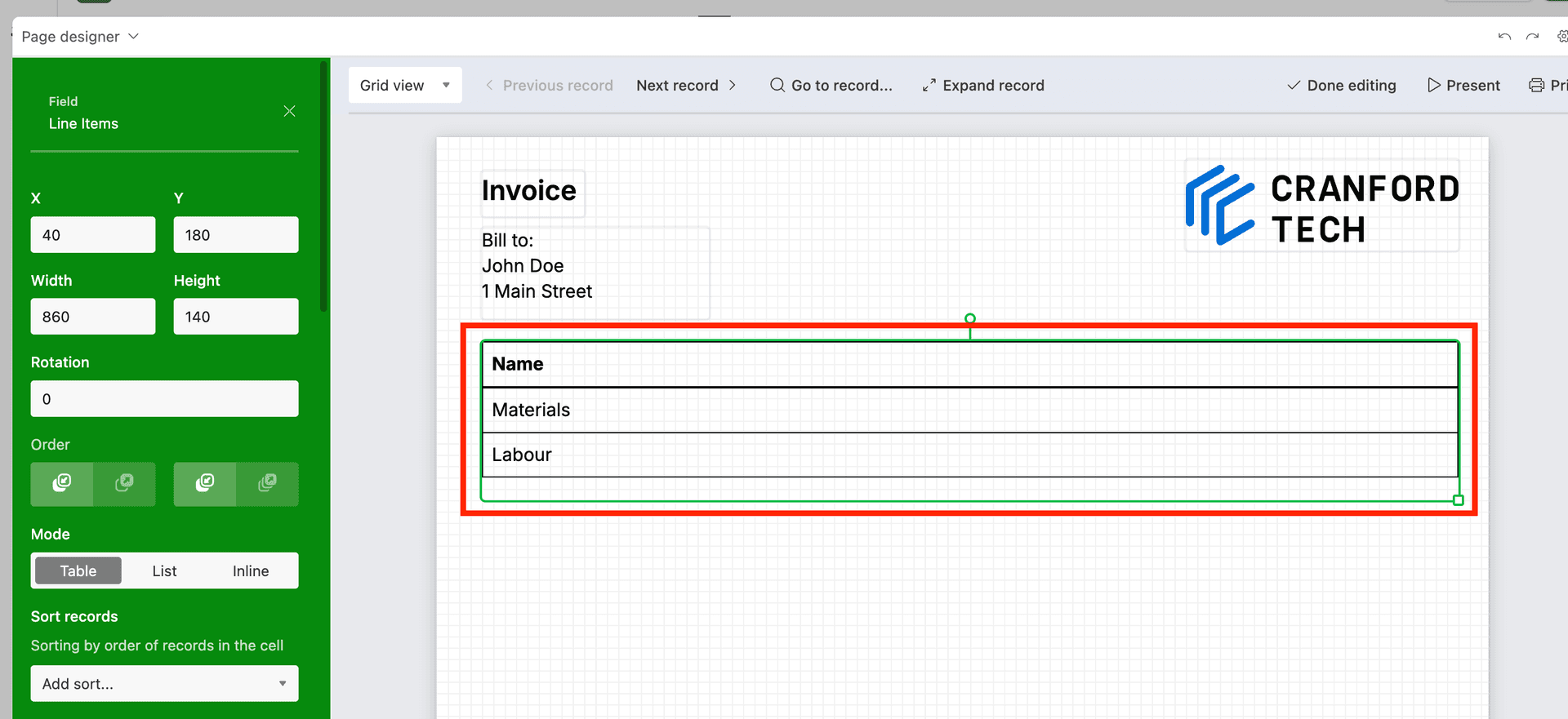 Linked table in Page Designer
