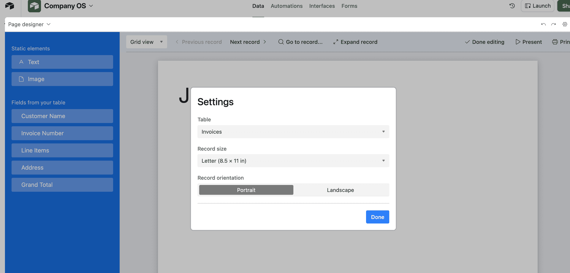 Setting Page Designer dimensions