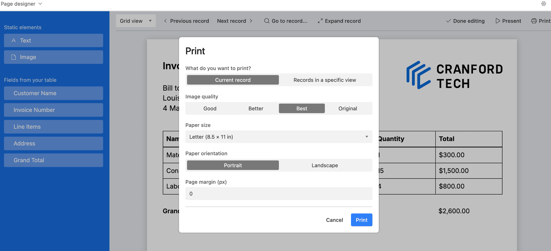 Print options in Page Designer