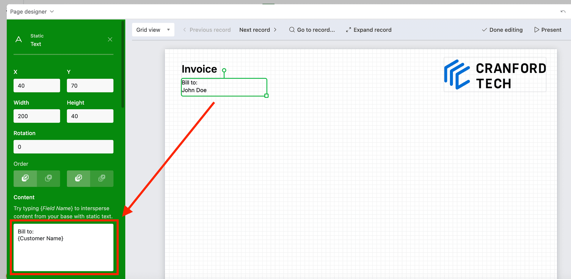 Static text with custom field