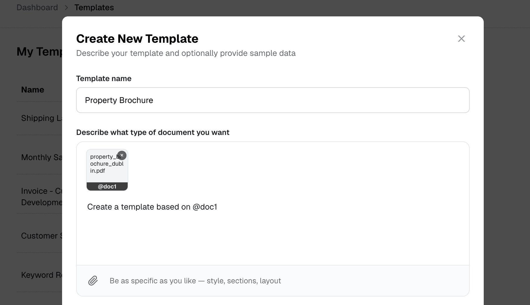 Attaching the existing static PDF and asking DocuPotion to create a template from it
