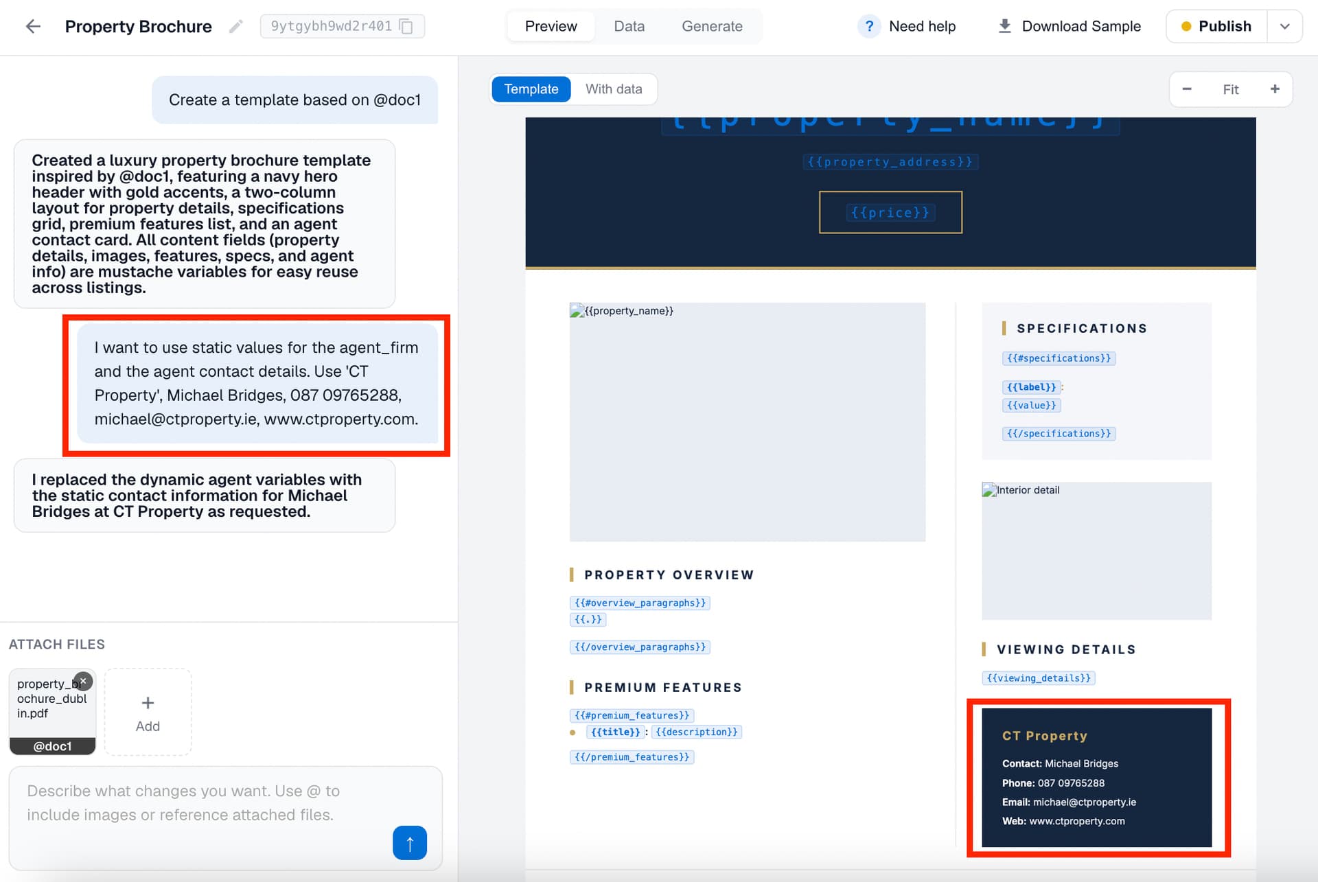 Asking DocuPotion in the chat to convert the agent name and contact merge fields to static text