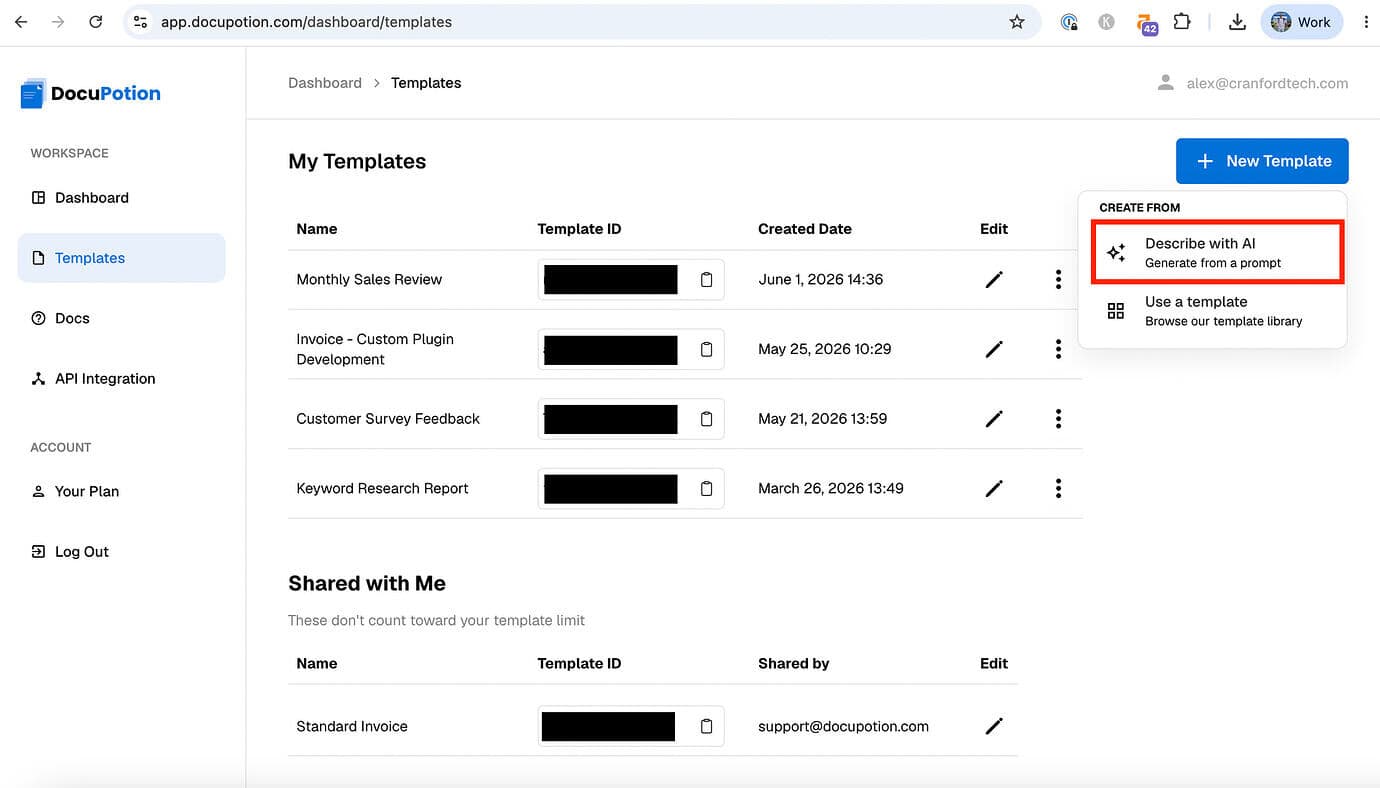 Creating a new template with the Describe with AI option in the DocuPotion dashboard