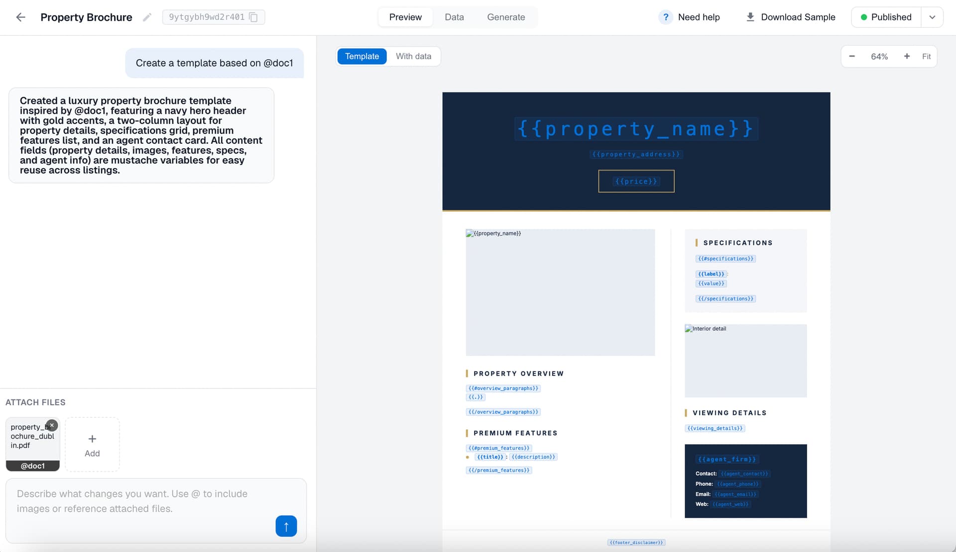 The generated template showing the detected merge fields