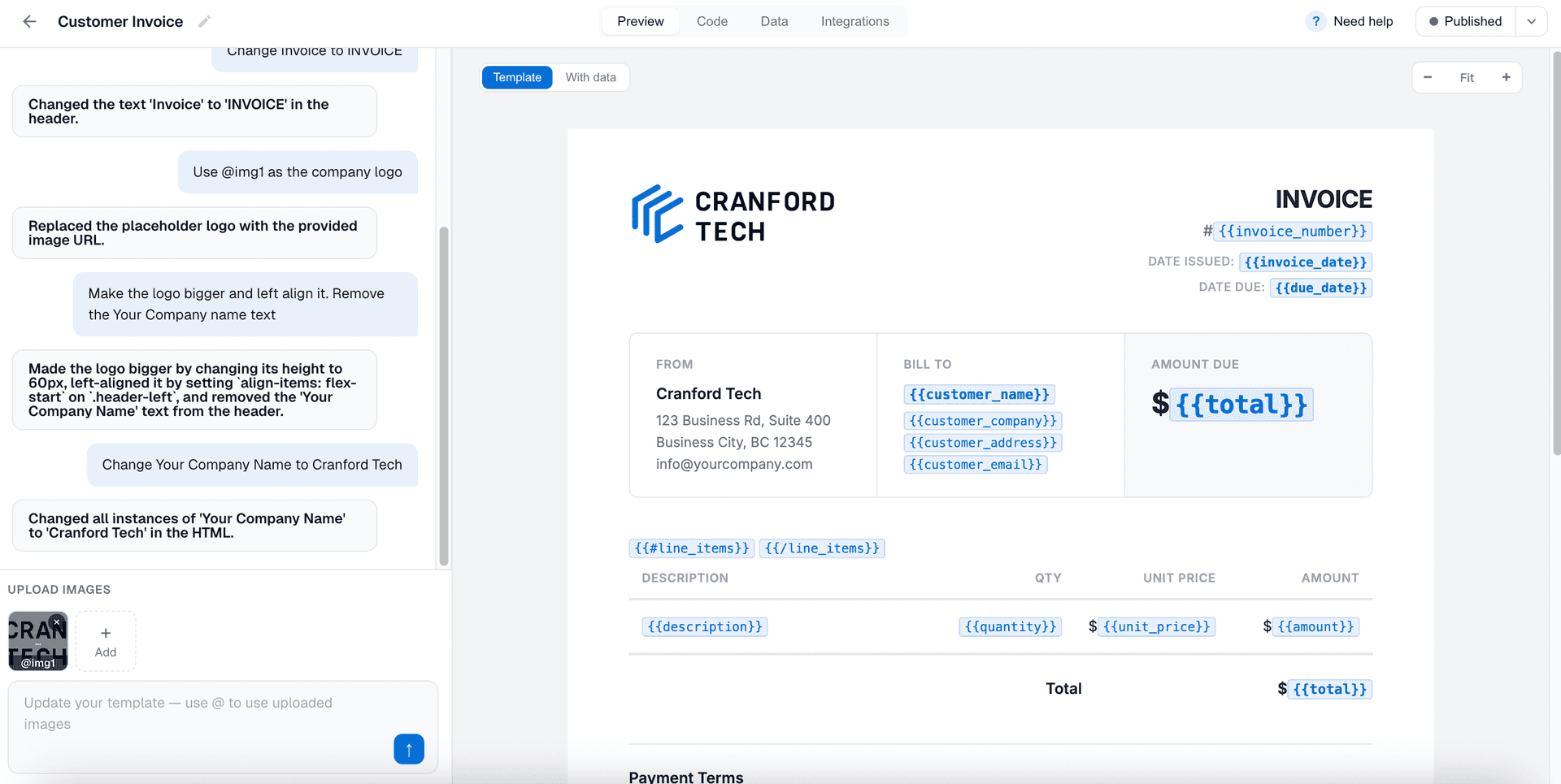 The DocuPotion document editor with a prompt panel on the left and a live PDF preview on the right