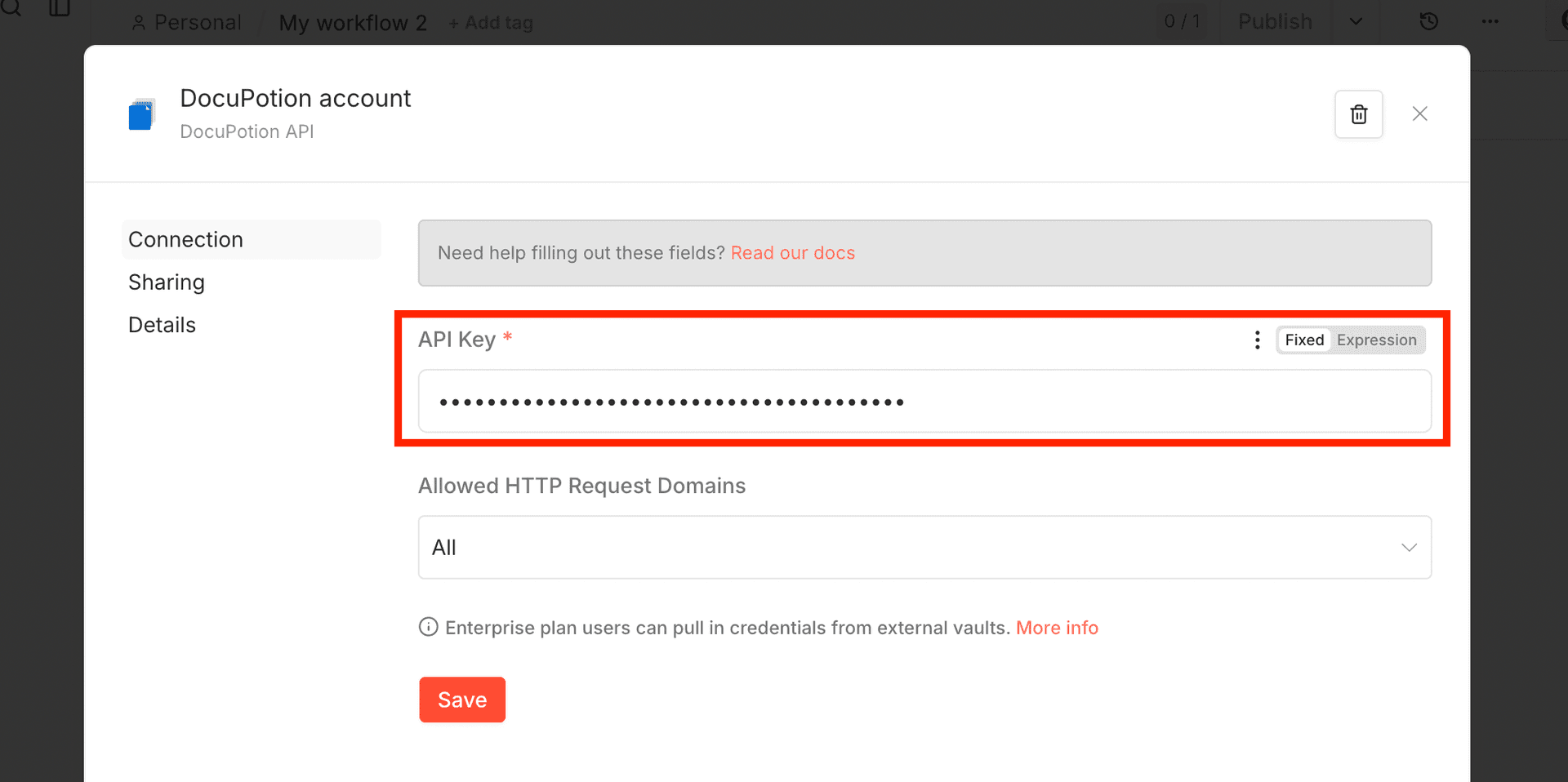 The API Integration tab in the DocuPotion dashboard with the API key field