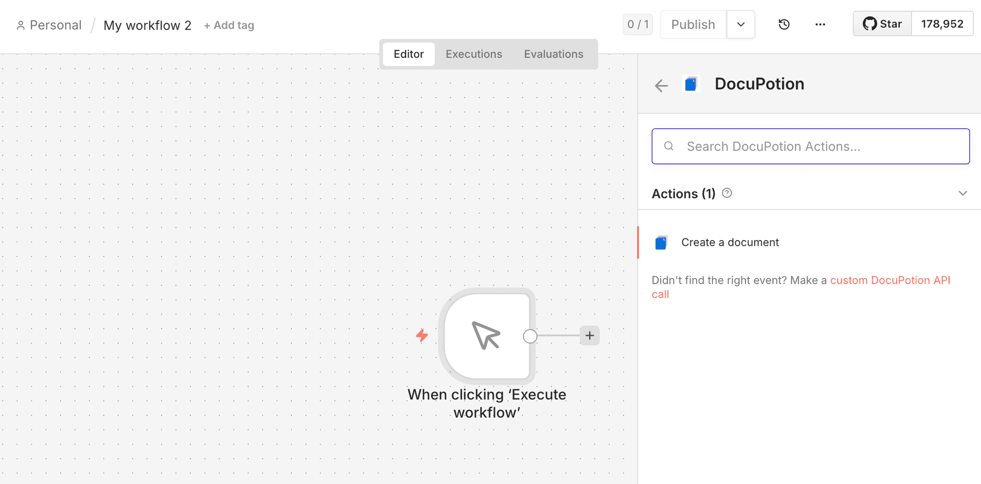 The DocuPotion node search result in n8n with the Create a Document action selected