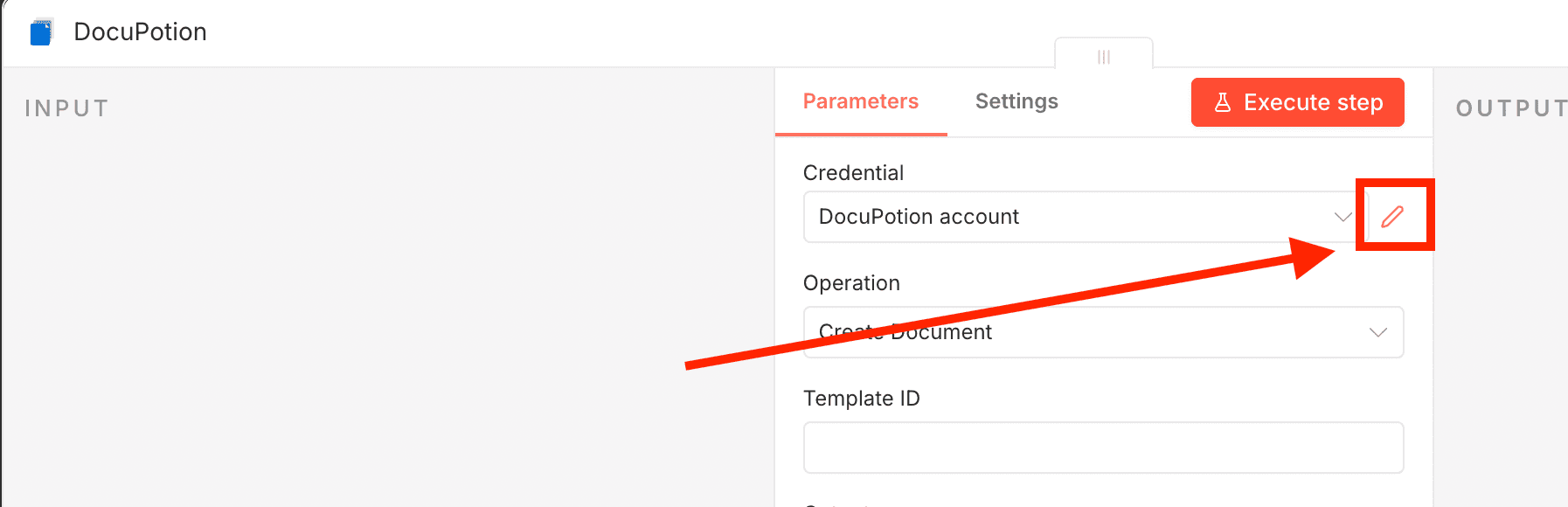 The Credential field in the DocuPotion n8n node with the pencil icon highlighted
