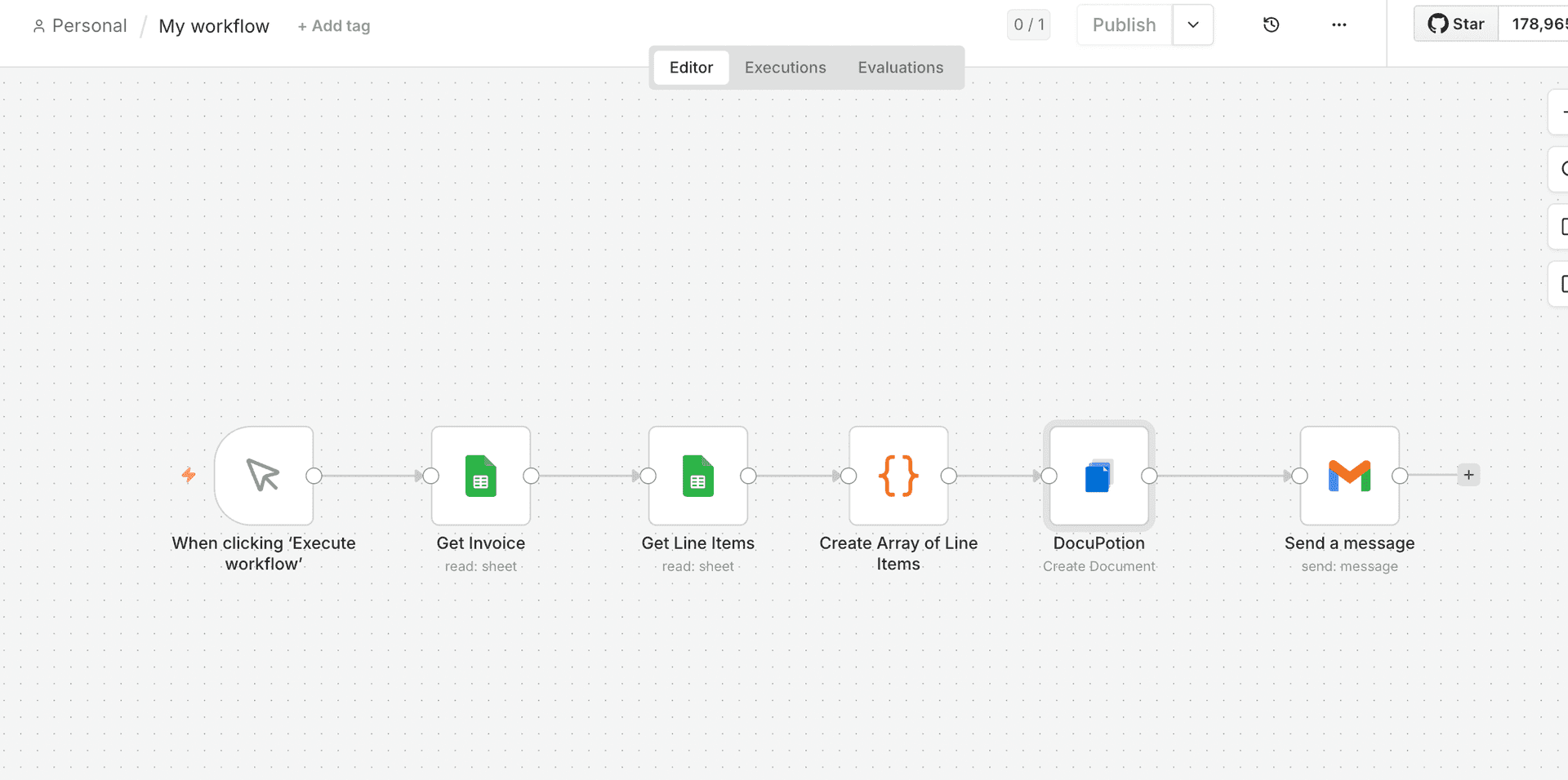 The DocuPotion Create Document action in n8n with Template ID, Output, File Name and Template Data filled in