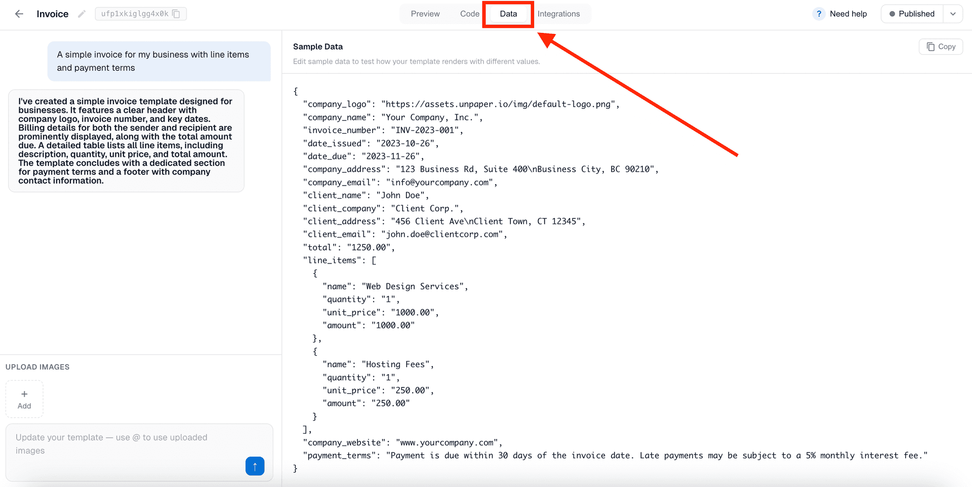The Data tab in the DocuPotion editor showing the JSON structure expected by the template