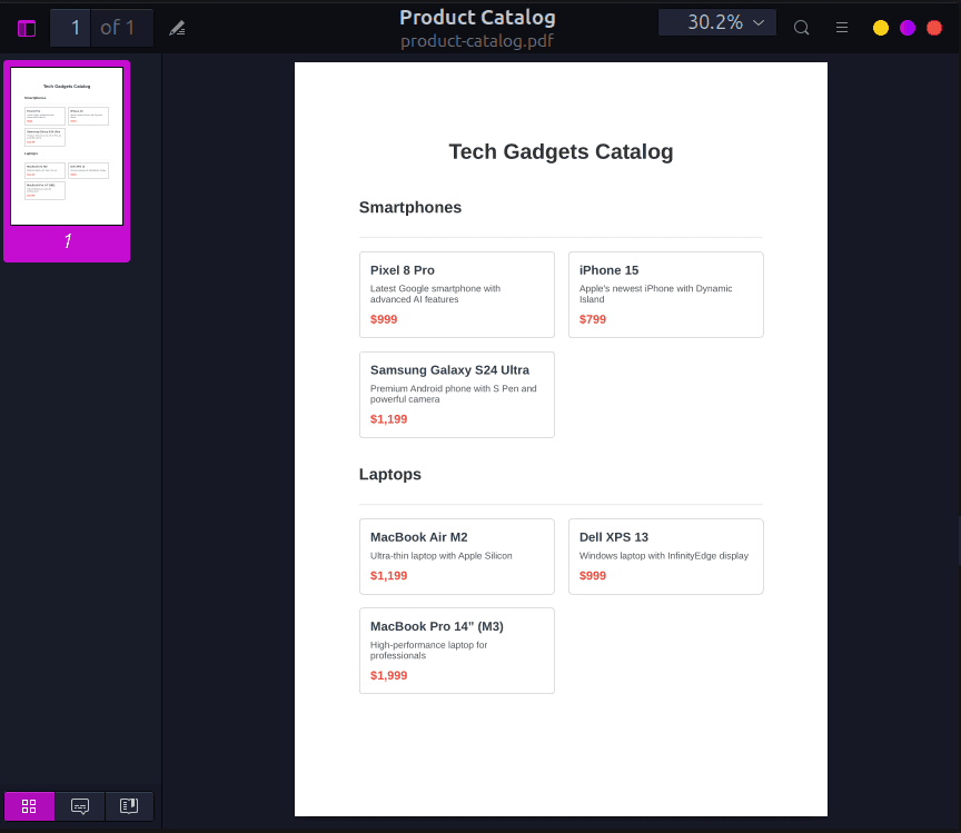 Generated product catalog PDF using Playwright