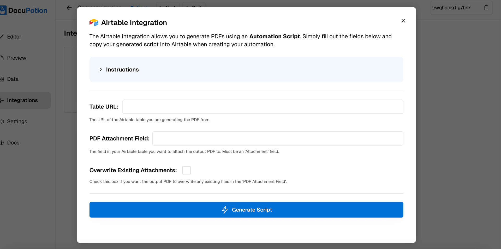Airtable integration popup in DocuPotion