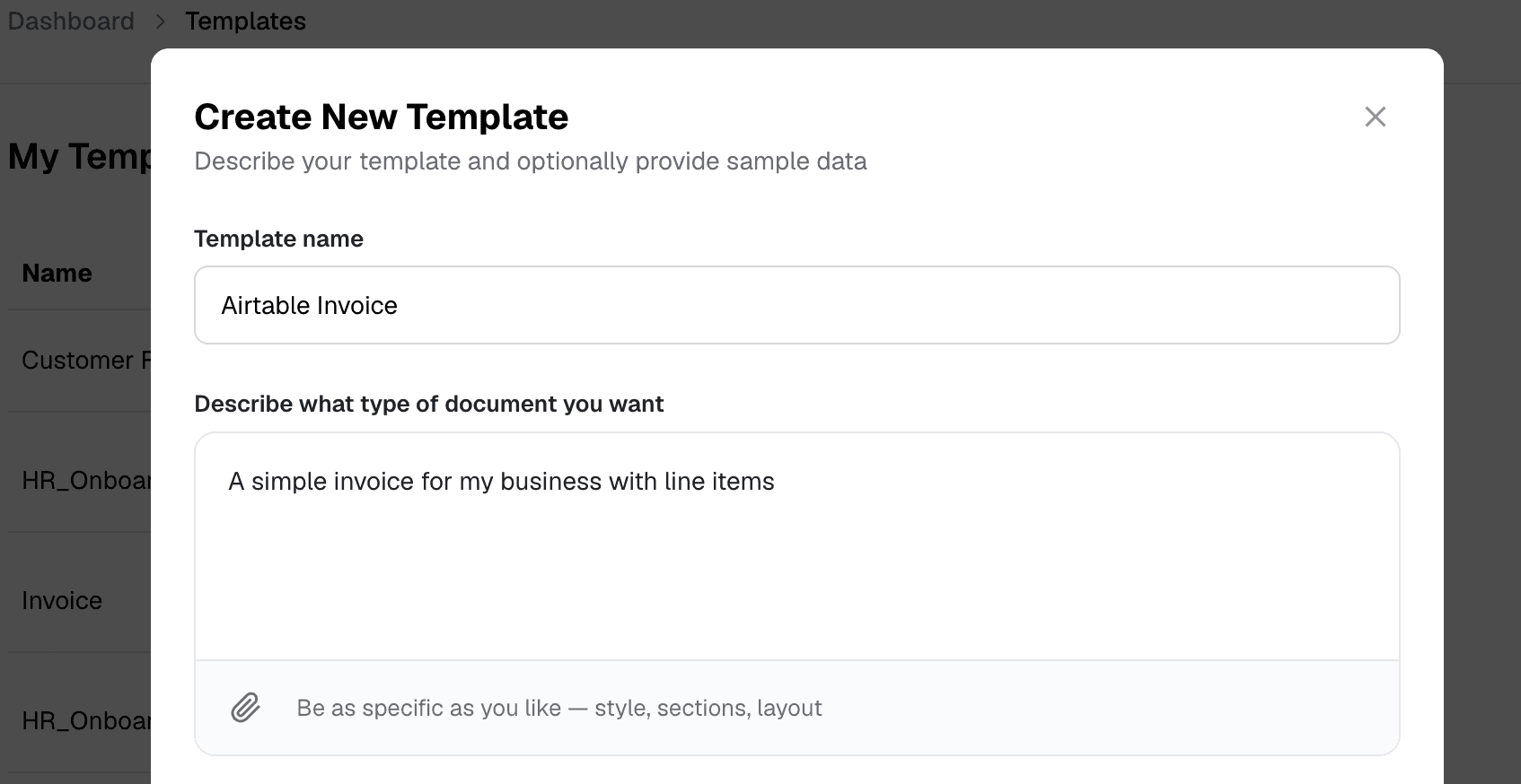 Adding a name and description prompt to create an invoice template in DocuPotion