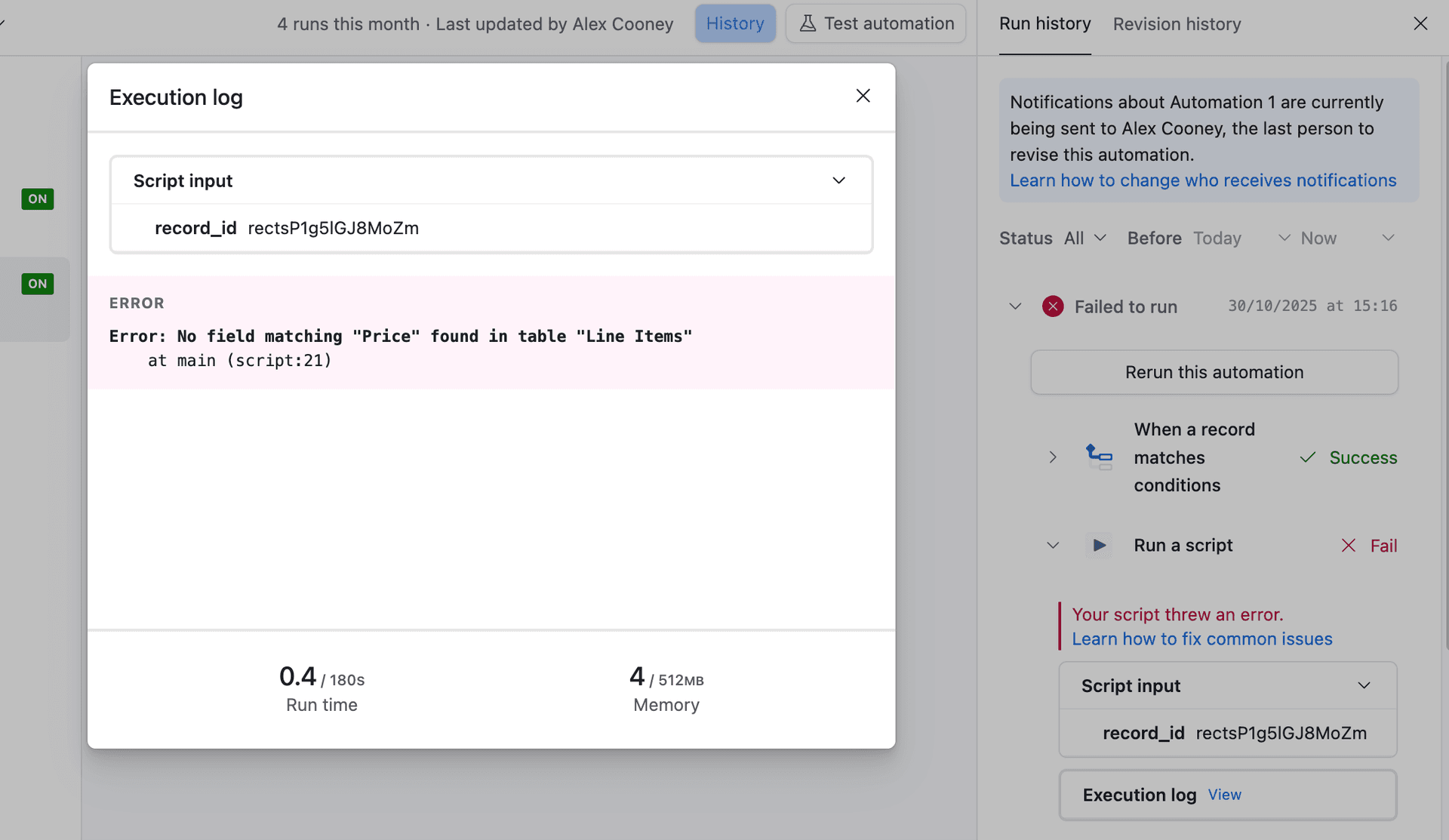 Error details in automation history