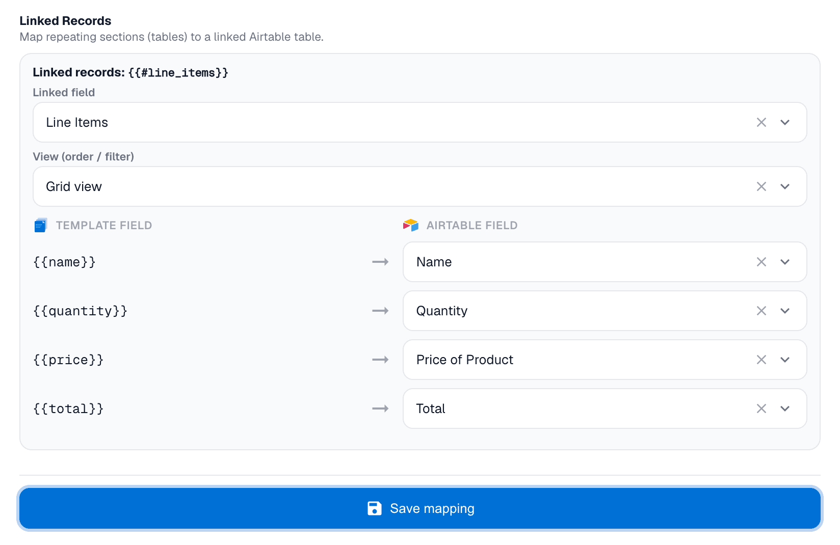Mapping linked record fields to the repeating line items section in the template