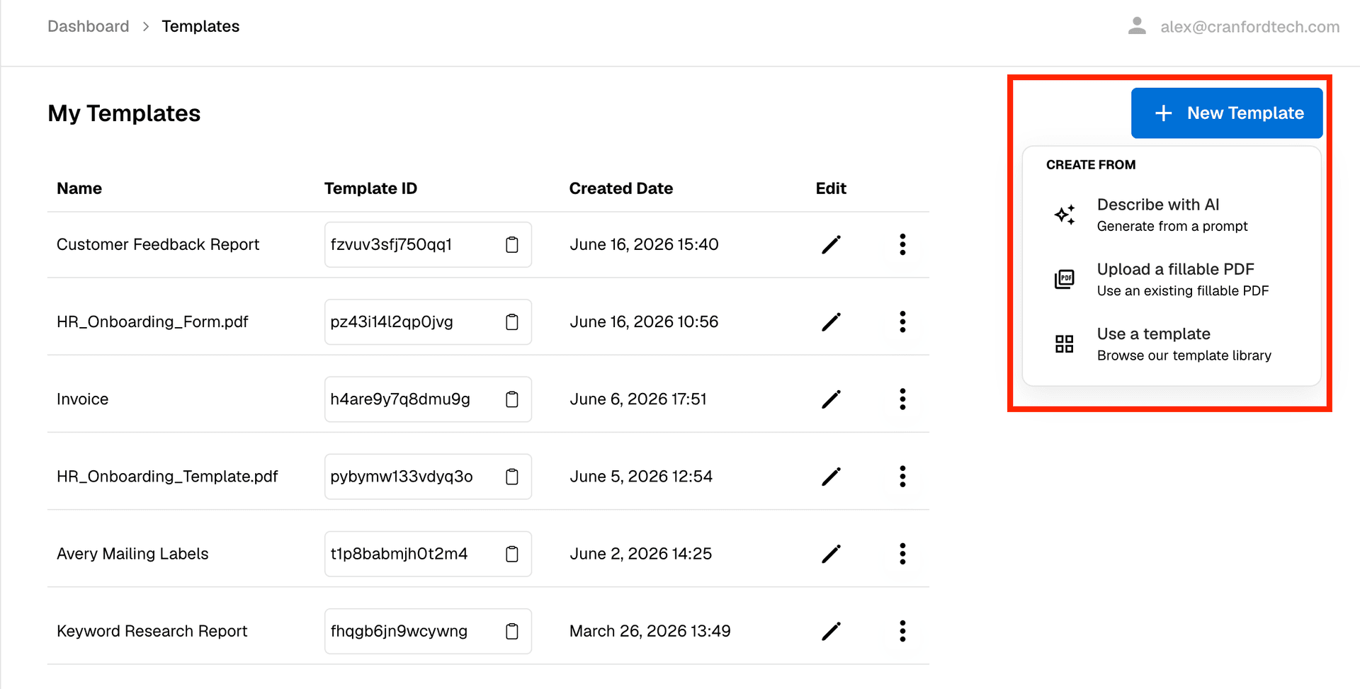The New Template dialog in DocuPotion showing the available template creation options