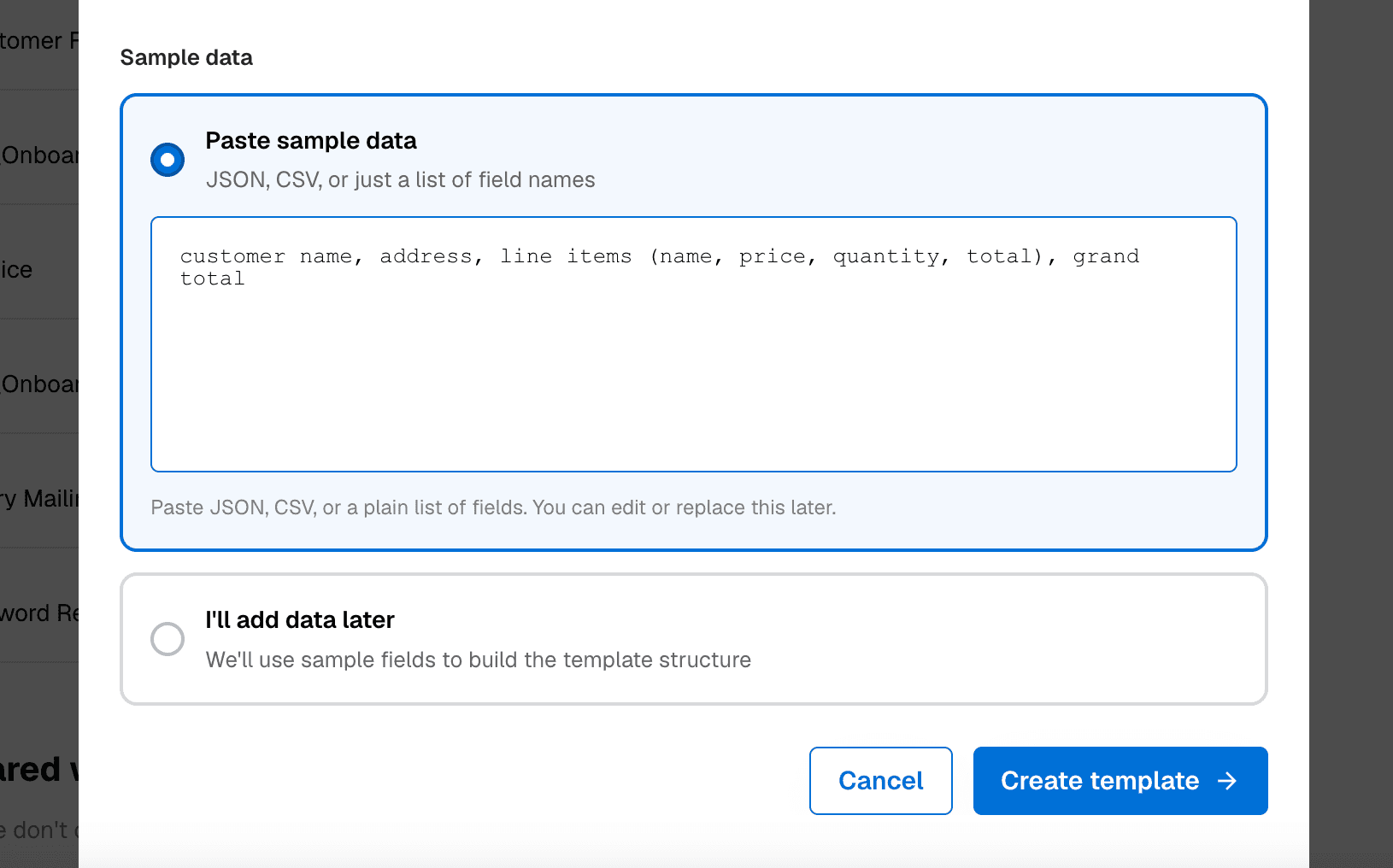 Providing sample data including line item fields in the DocuPotion template builder